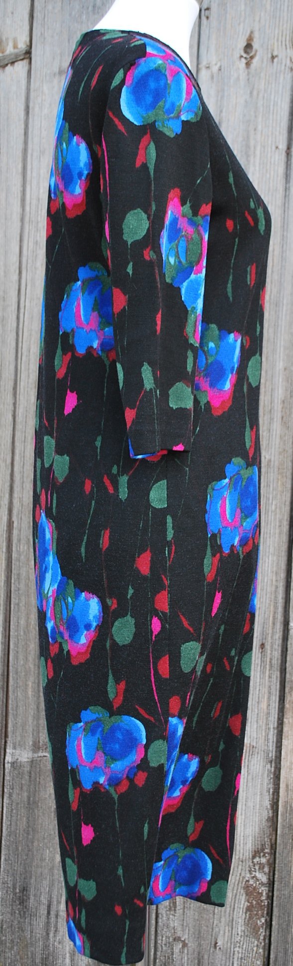 schwarzes True Vintagekleid mit Blumenmuster aus Wolle, Luisa Spagnoli, ca. Größe 36-38, Wollkleid