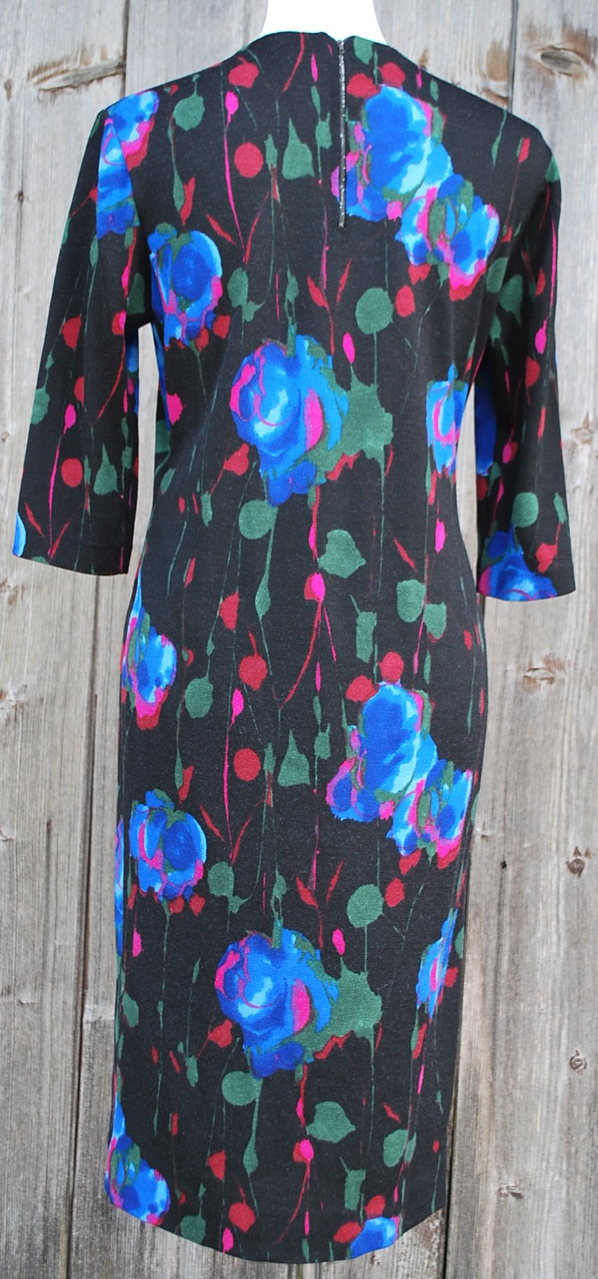 schwarzes True Vintagekleid mit Blumenmuster aus Wolle, Luisa Spagnoli, ca. Größe 36-38, Wollkleid