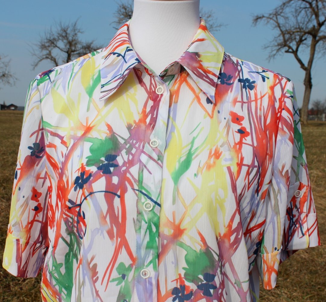 weiße True Vintage Bluse mit buntem Streifenmuster, ca. Größe 42-44, Sommerbluse