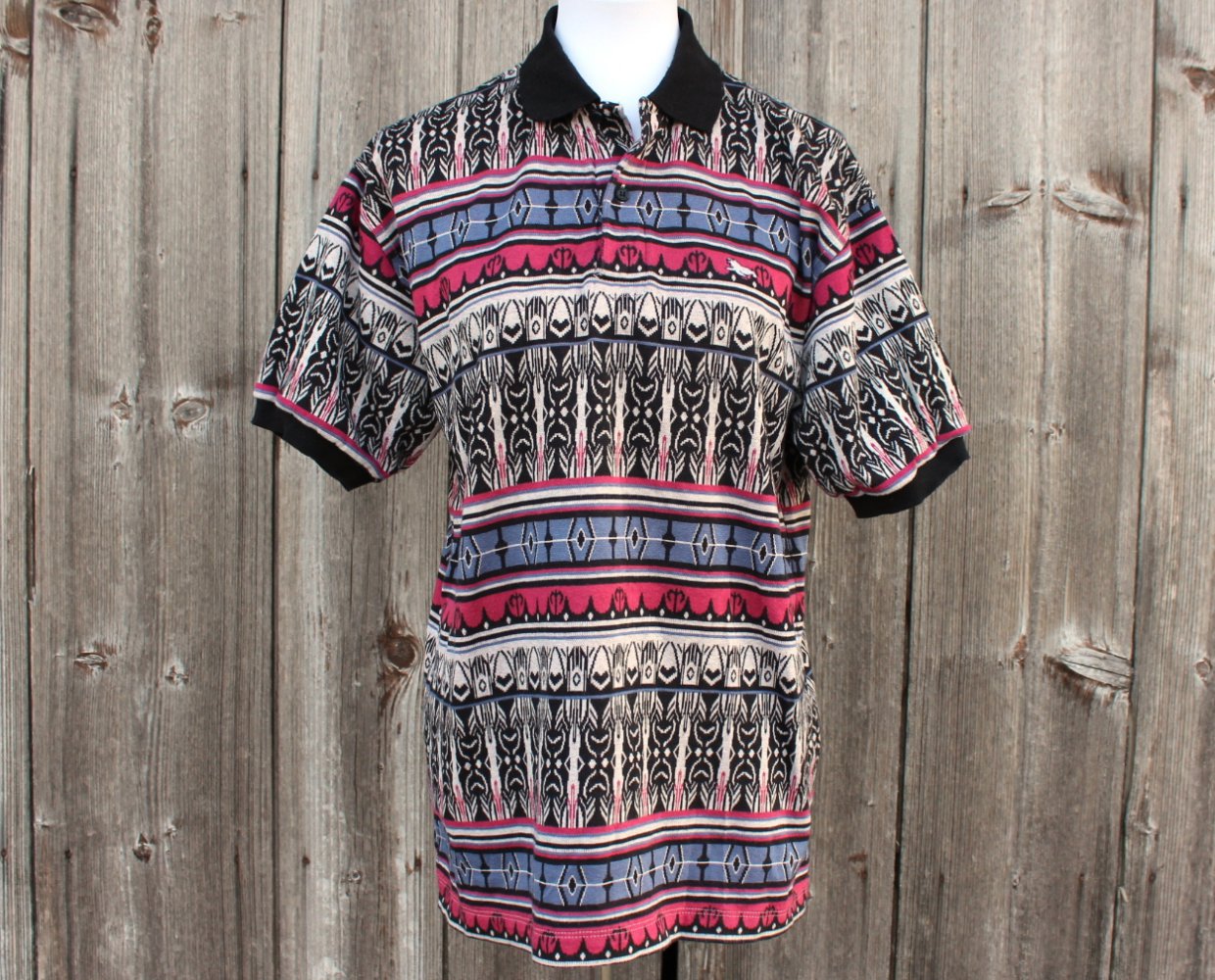 creme schwarz blau rötliches Vintage Poloshirt, T-Shirt, Walrus, ca. Größe 42-44