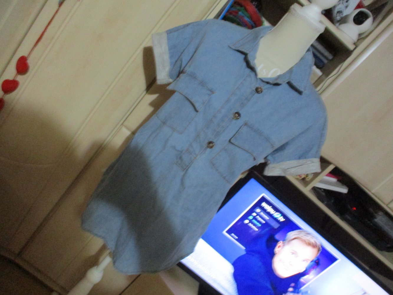 sportliche bluse/hemd,jeans und shirtstoff,gr 46,blau/grau