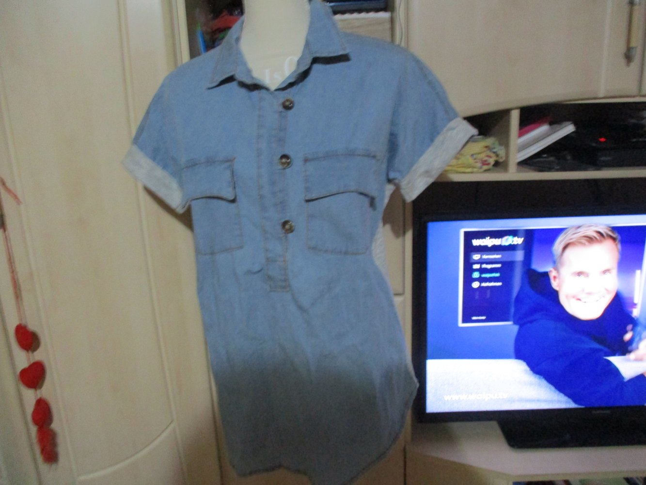 sportliche bluse/hemd,jeans und shirtstoff,gr 46,blau/grau