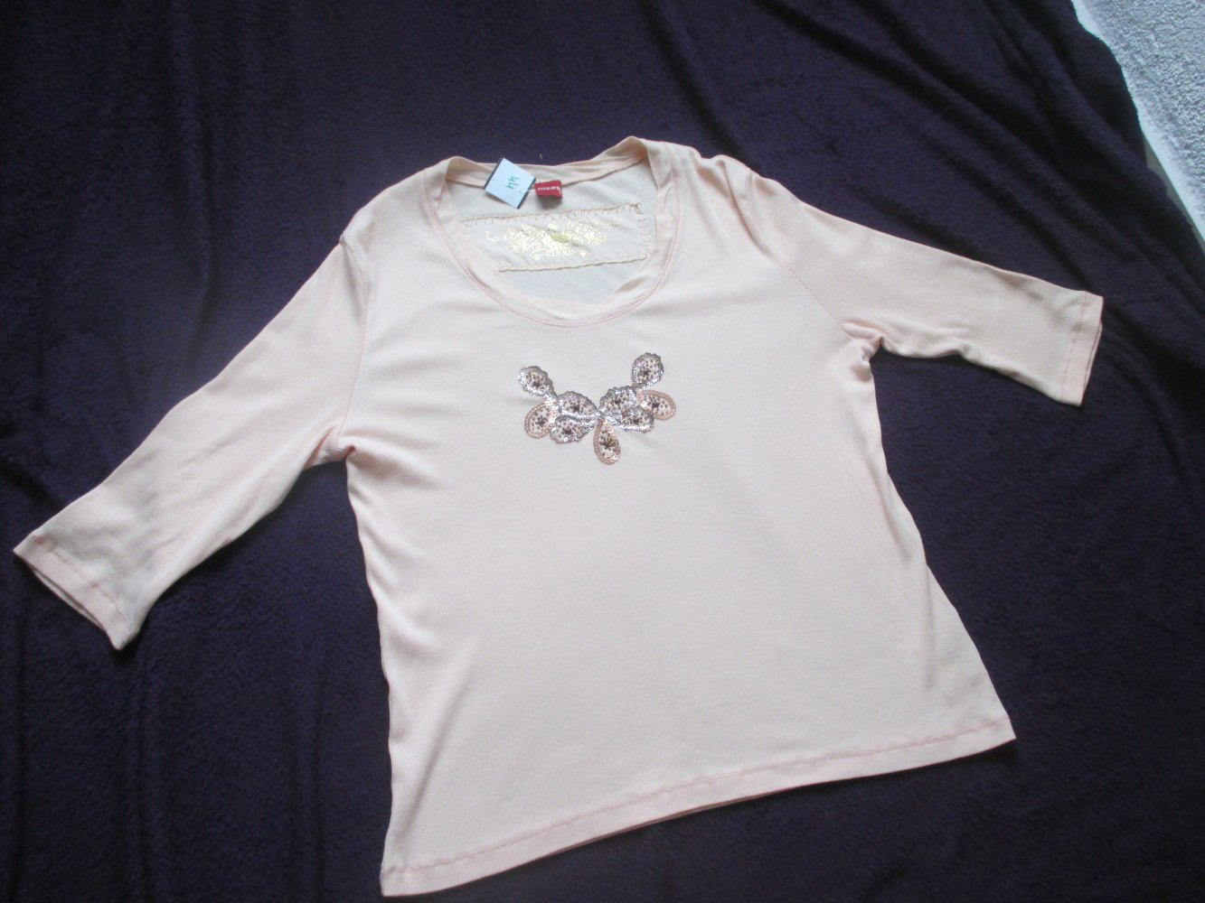  NEU mit ETIKETT * Edel * Glitzer * Pailletten-Stickerei * Dreiviertelarm * Bodycon * Ripp * T- Shirt 