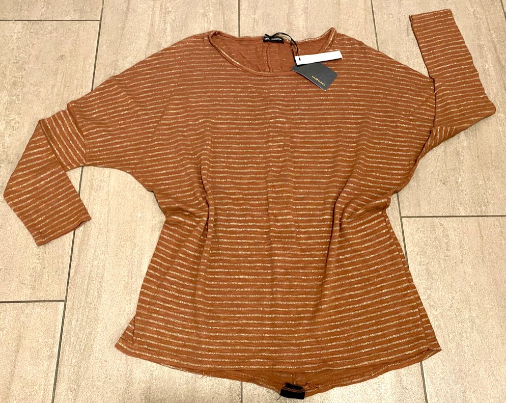 NEU Damen Pullover mit Fledermausärmeln Feinstrick Gr.S/M/L Schokobraun/Gold NEW Collection 