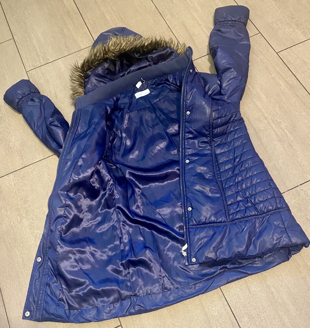 Damen Jacke Winter Steppmantel Gr.38 in Blau von Pfeffinger abnehmbare Kapuze mit Fellbesatz