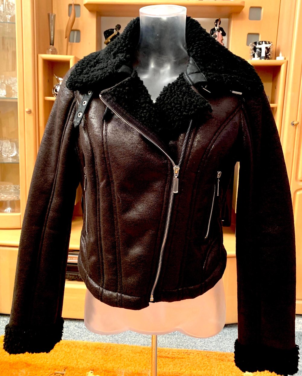 Damen Jacke Bikerjacke Lederimitat & Teddyfell Gr.S Schwarz NW 