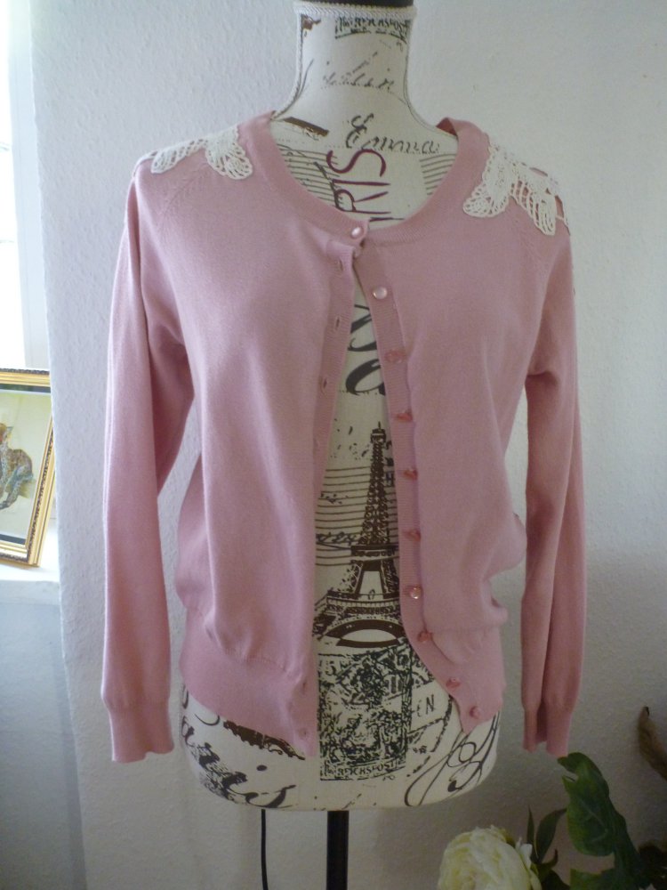 rosa Cardigan / Strickjacke mit Spitze Gr. M/40