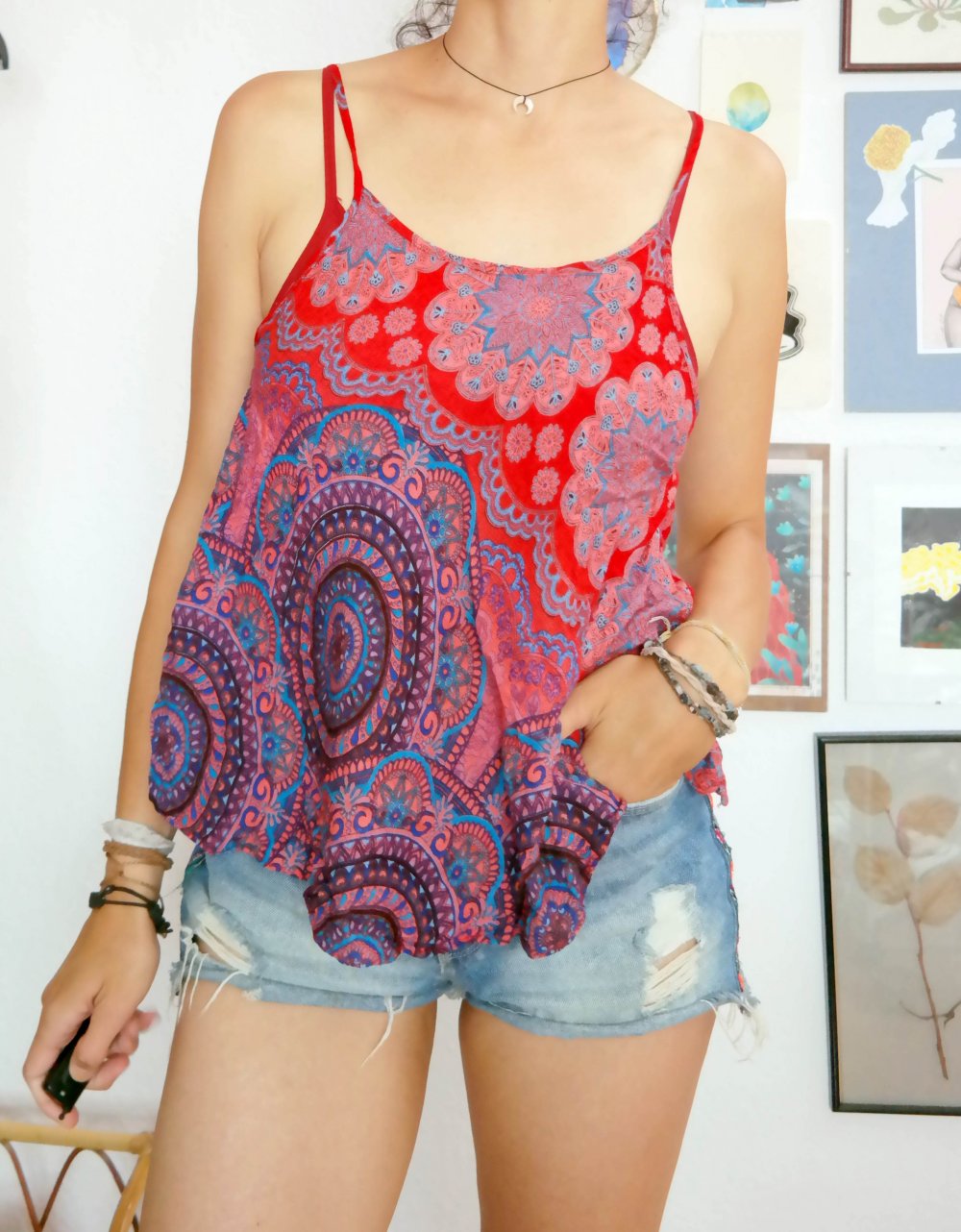 Ethno Hippie Top Trägertop bunt Mandala Babydoll locker luftig M L 38 40