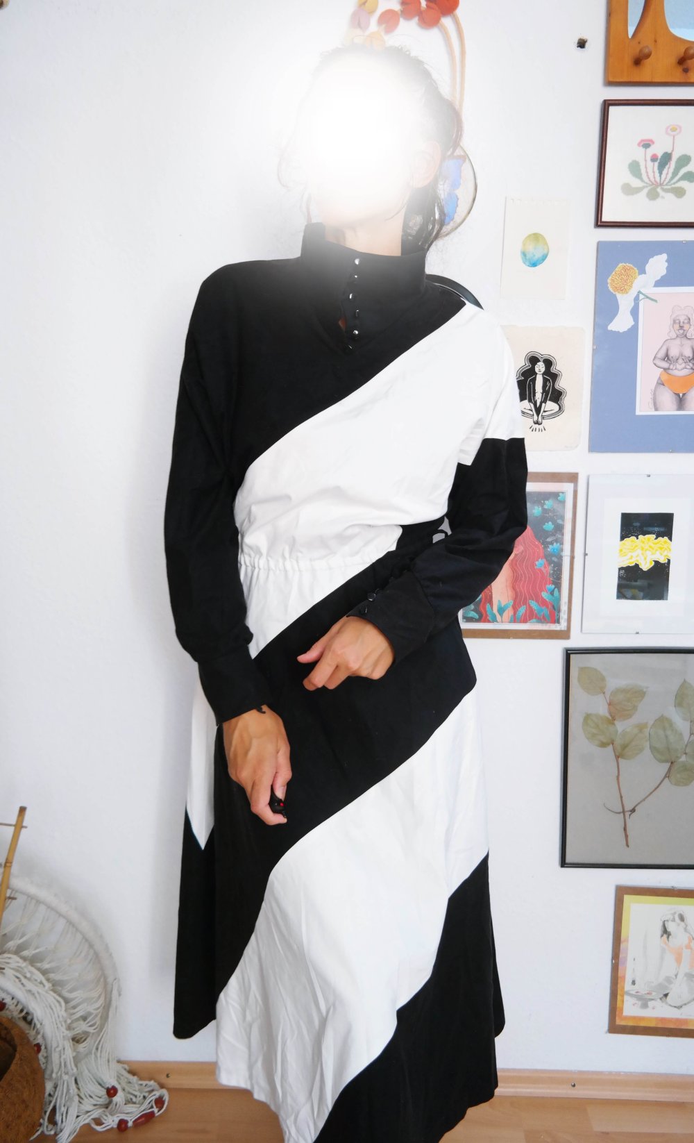 Vintage Kleid Maxikleid schwarz weiß M L 38 40 Kragen 80er Unikat