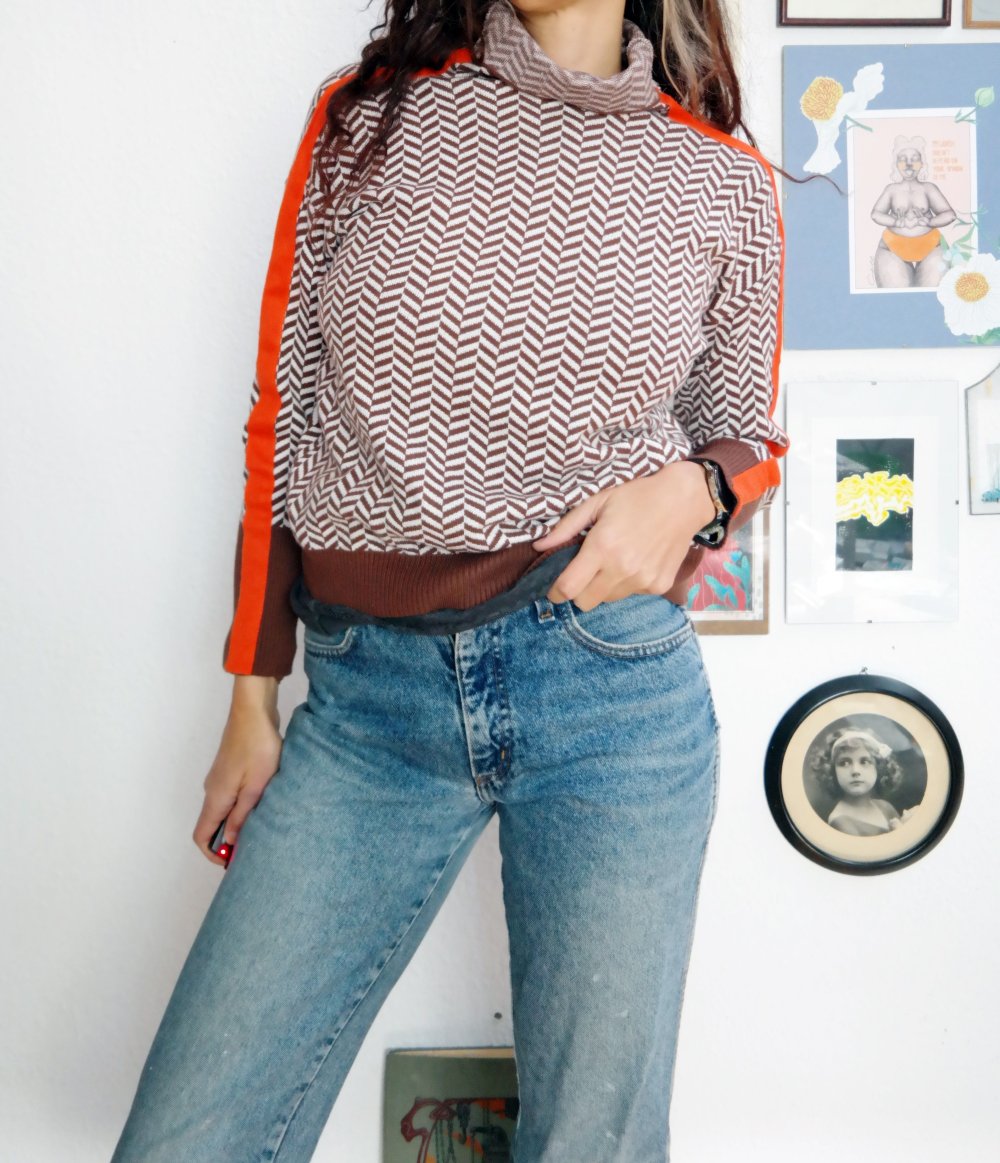 Rollkragenpullover gemustert braun orange Strickpullover Streifen Ärmel M L 38 40 ZickZack