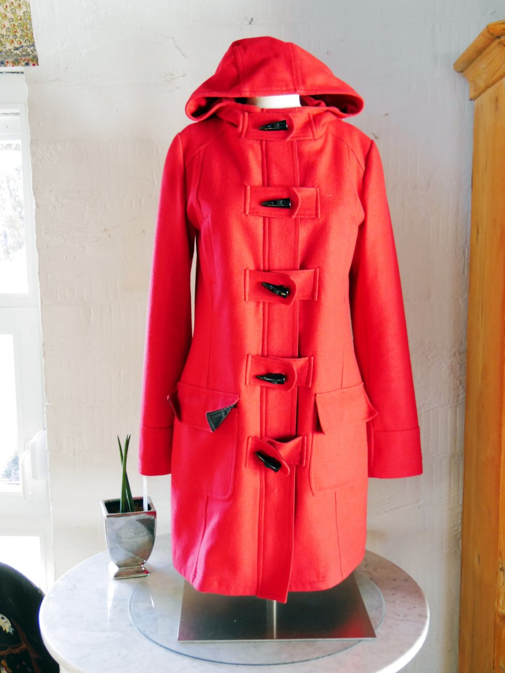 Review Wollmantel Dufflecoat Mantel Kapuze rot Wolle S 36 M 38