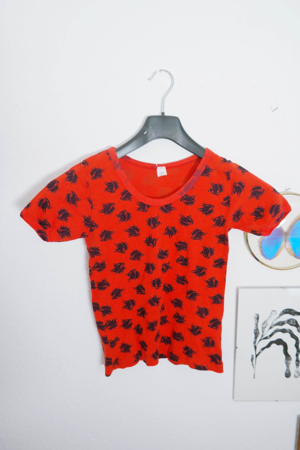 Original Vintage Shirt 70er Hippie Segelboot rot schwarz No Retro 158 164