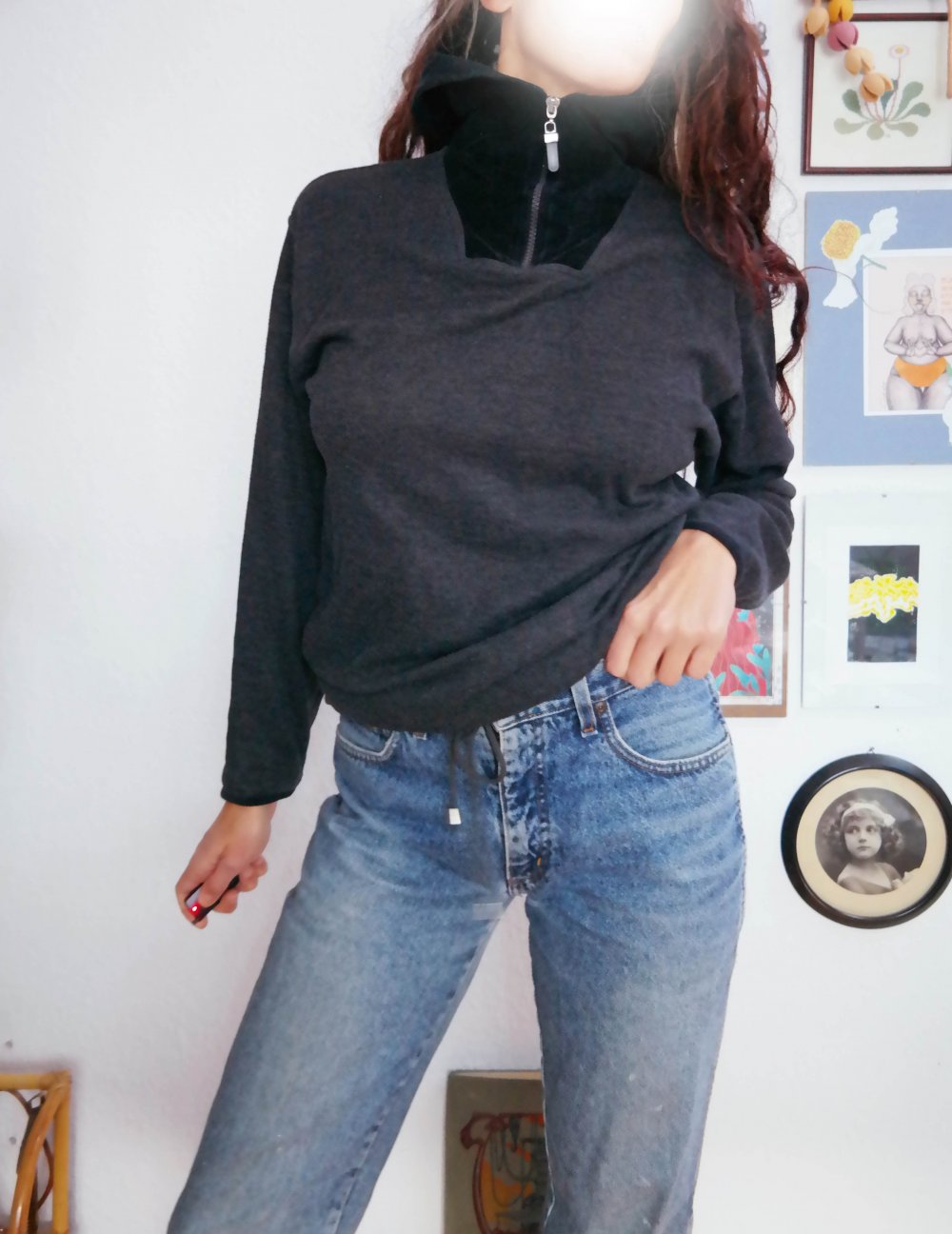 Original Vintage 90er Pullover schwarz Samt Sweatshirt Rollkragen Zipper Sweater M L 38 40 Pannesamt Kapuze Hoodie Hoody Kapuzenpullover