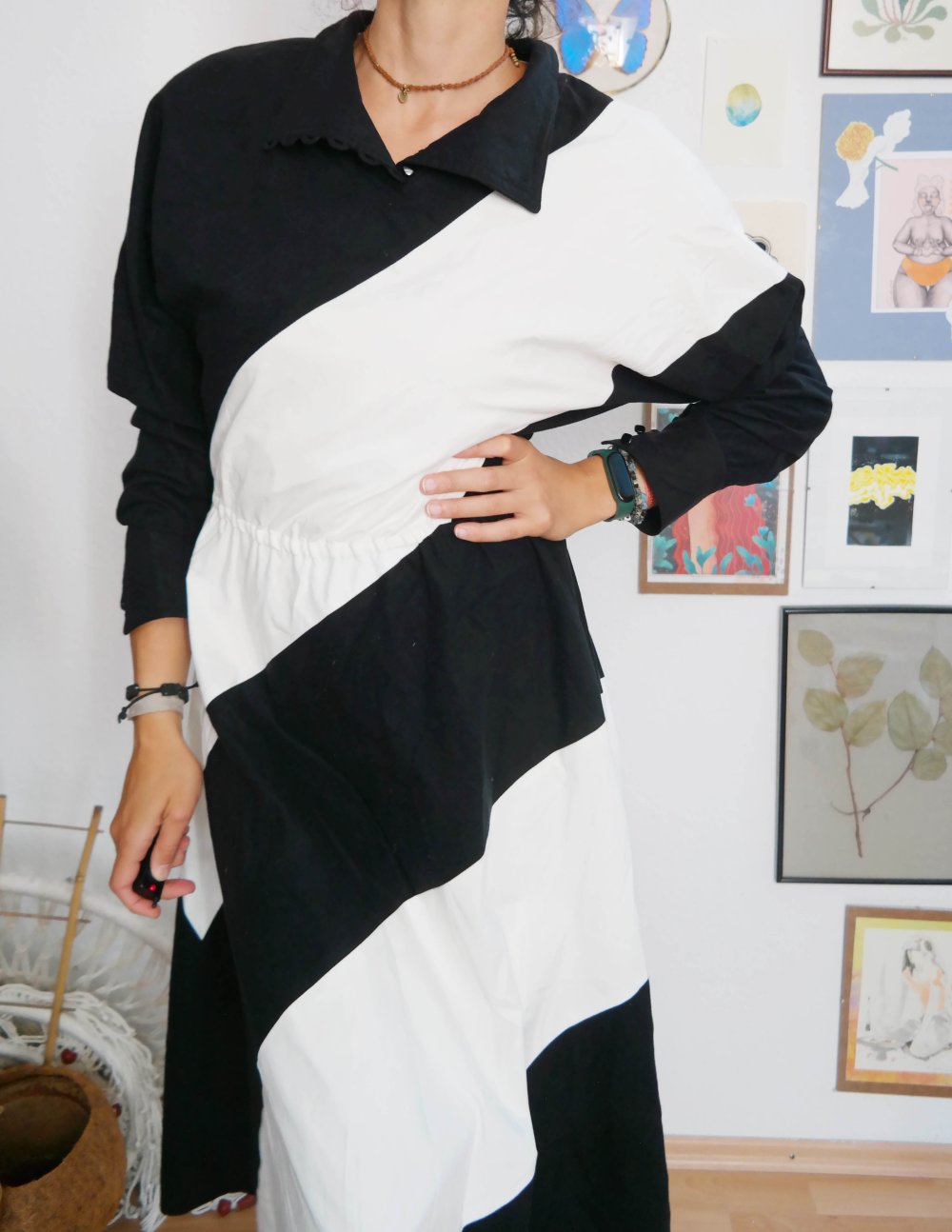 Vintage Kleid Maxikleid schwarz weiß M L 38 40 Kragen 80er Unikat