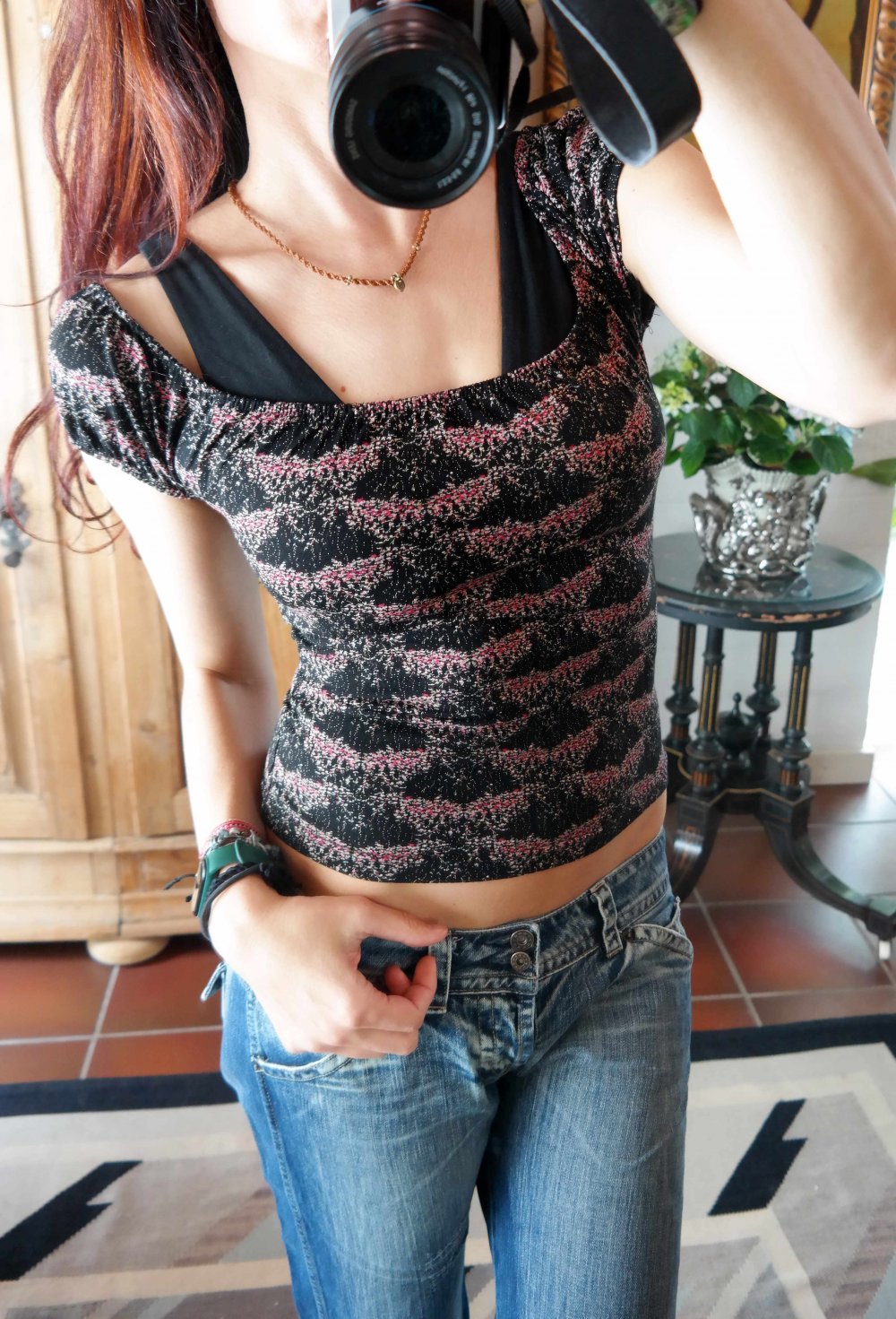 NEU mit Etikett Original Vintage 00er 90er Jahre Shirt Top carmen Blumen geblümt schulterfrei schwarz bunt S 36