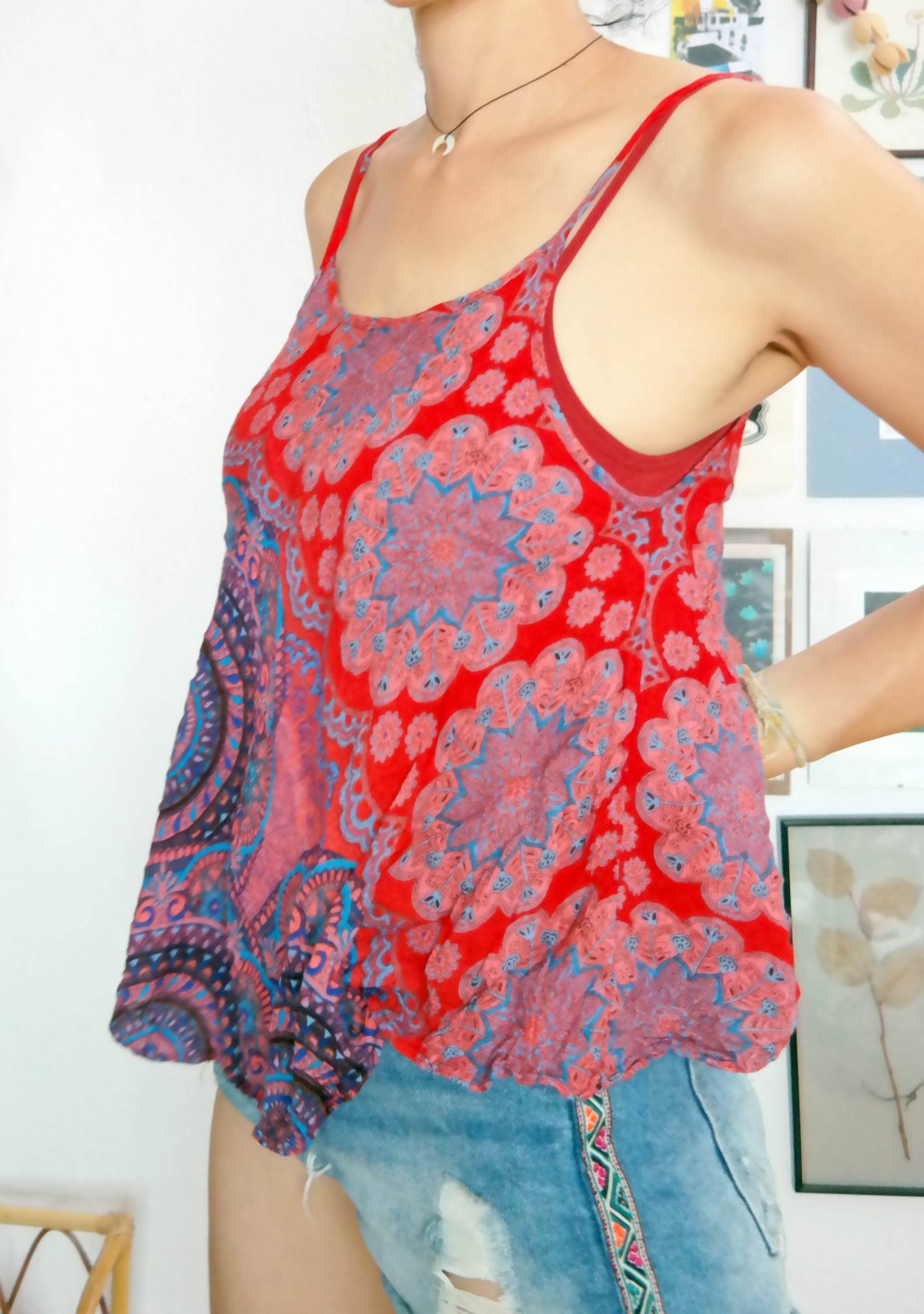 Ethno Hippie Top Trägertop bunt Mandala Babydoll locker luftig M L 38 40