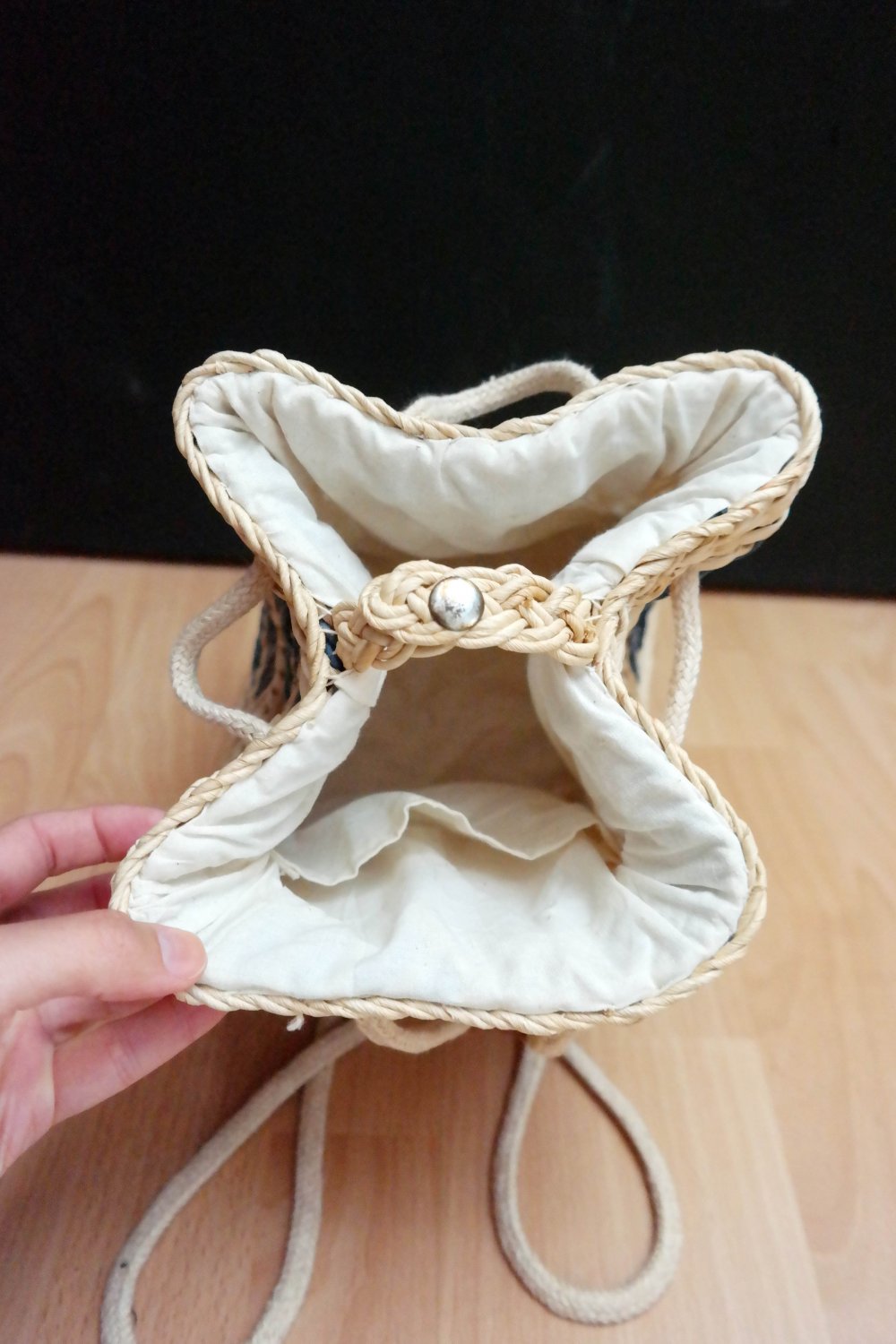 Mini Rucksack Korb geflochten Hippie Übertopf Blumentopf weiß beige blau