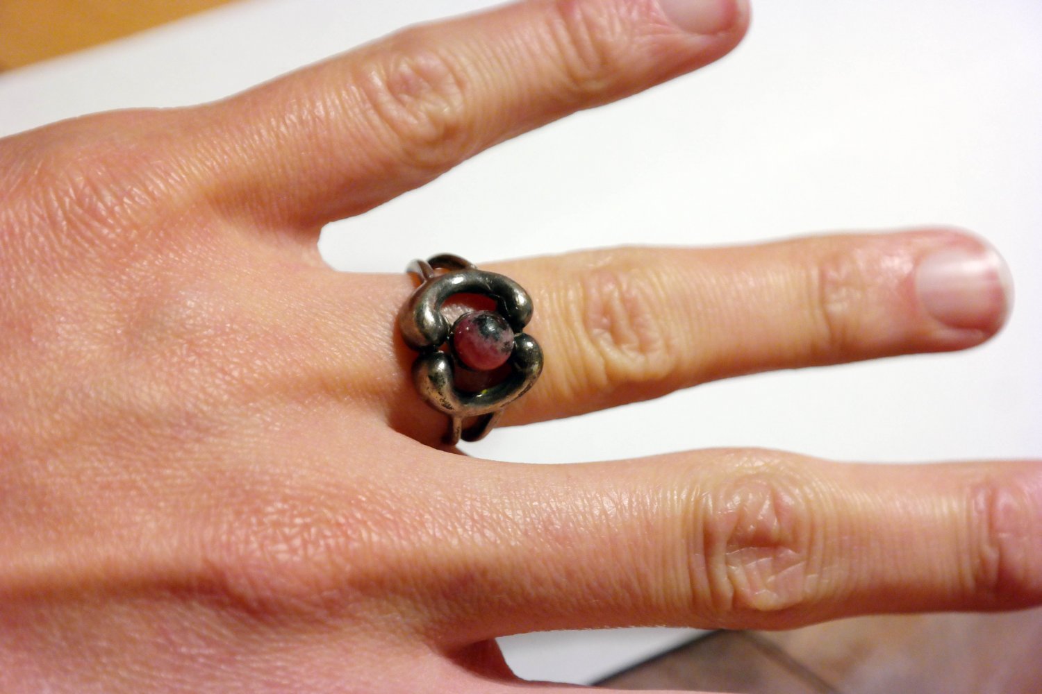 Vintage Modernist Ring Halbedelstein Rhodochrosit rosa silber Echtsilber 830 verstellbar skandinavien