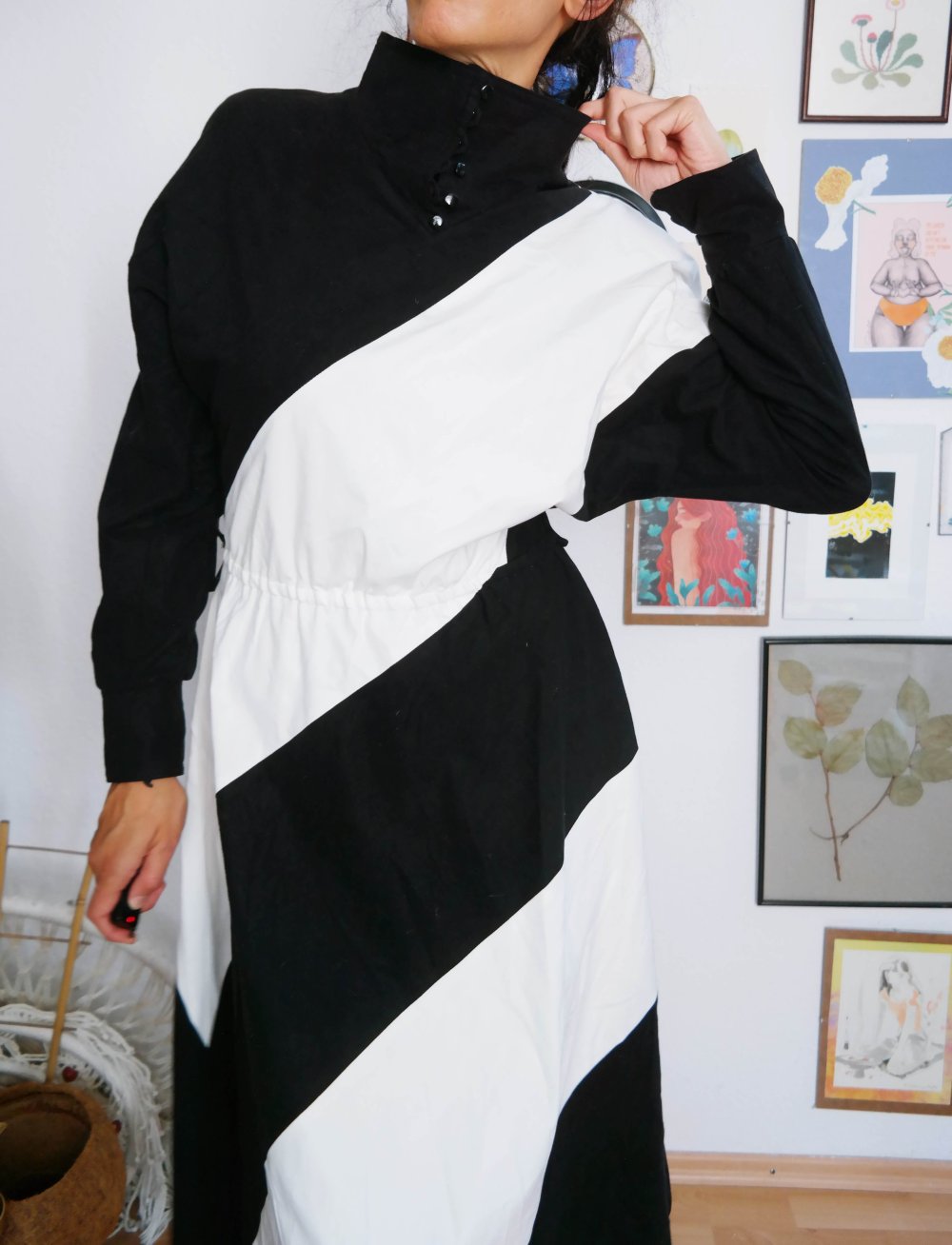 Vintage Kleid Maxikleid schwarz weiß M L 38 40 Kragen 80er Unikat