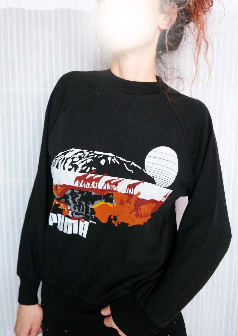 Original Vintage Puma 80er Pullover Sweatshirt Eighties schwarz Afrika Tiere M 38