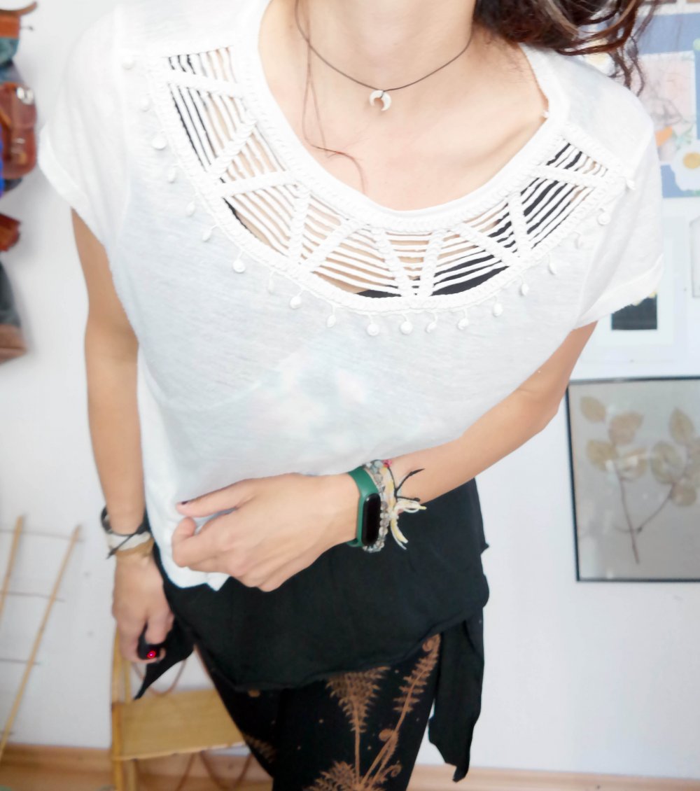 H&M Hippie Ethno Shirt weiß Borte locker oversized creme Bommel geflochten L 42