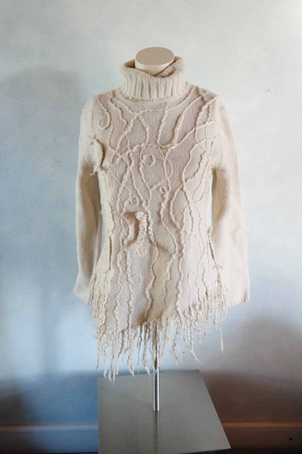 Laurel Wollpullover Fransen Hippie Rollkragenpullover weiß Schurwolle 40 L