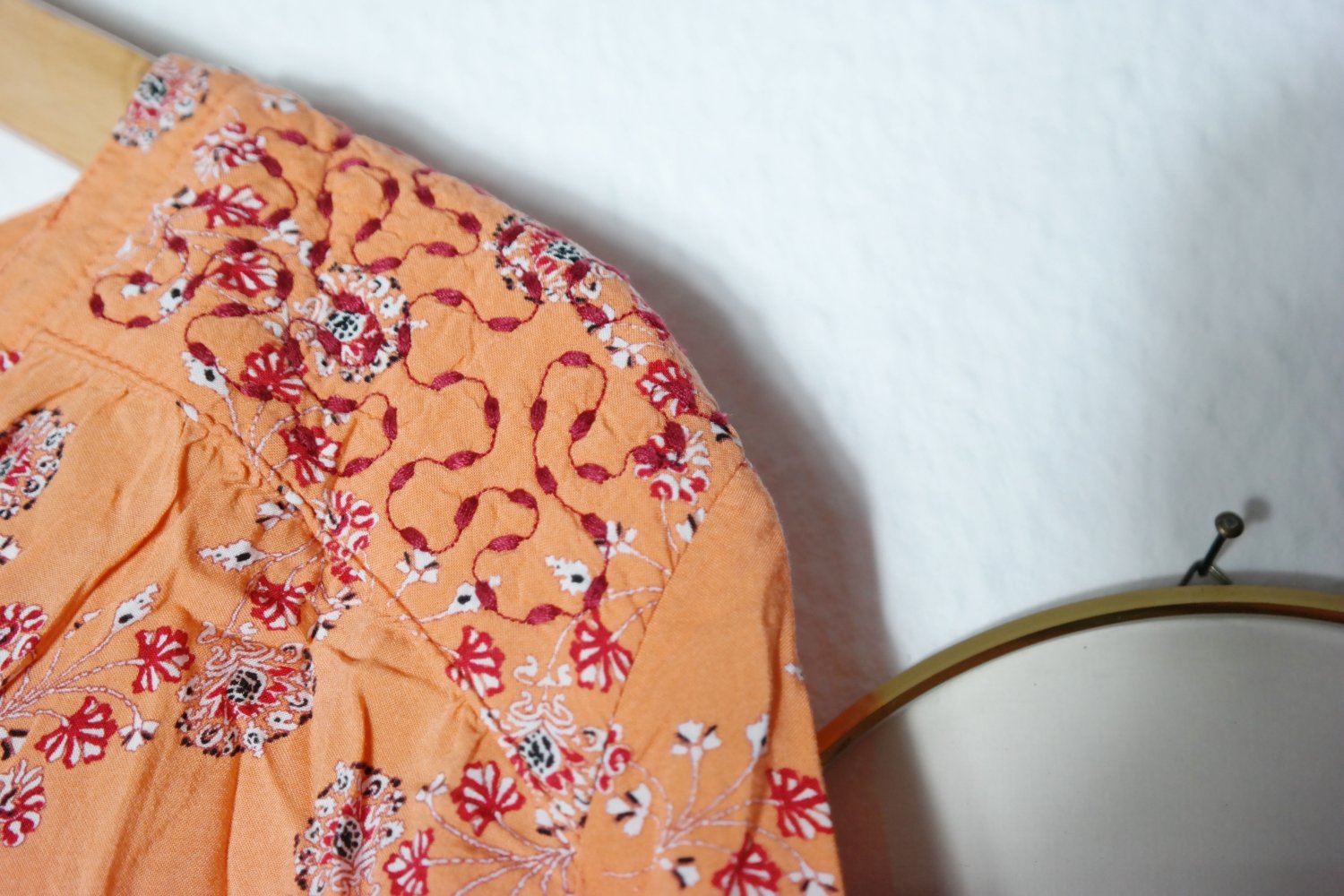 EDC Esprit Hippie Bluse Langarm bestickt Stickerei Blumen geblümt lachs Aprikose XL 42