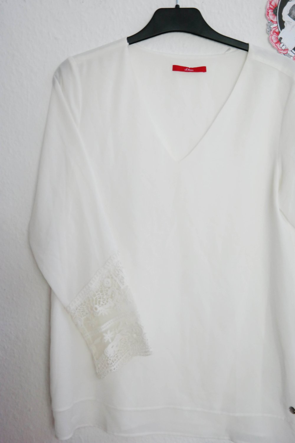 S.Oliver Bluse Langarm Spitze schick edel Büro weiß creme V-Ausschitt XS oversized S M