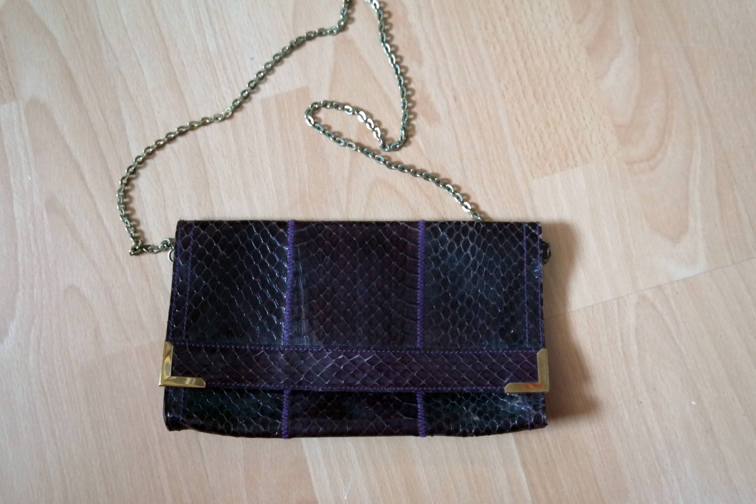 Vintage Clutch Leder Echtleder Gold Goldkette braun Lila