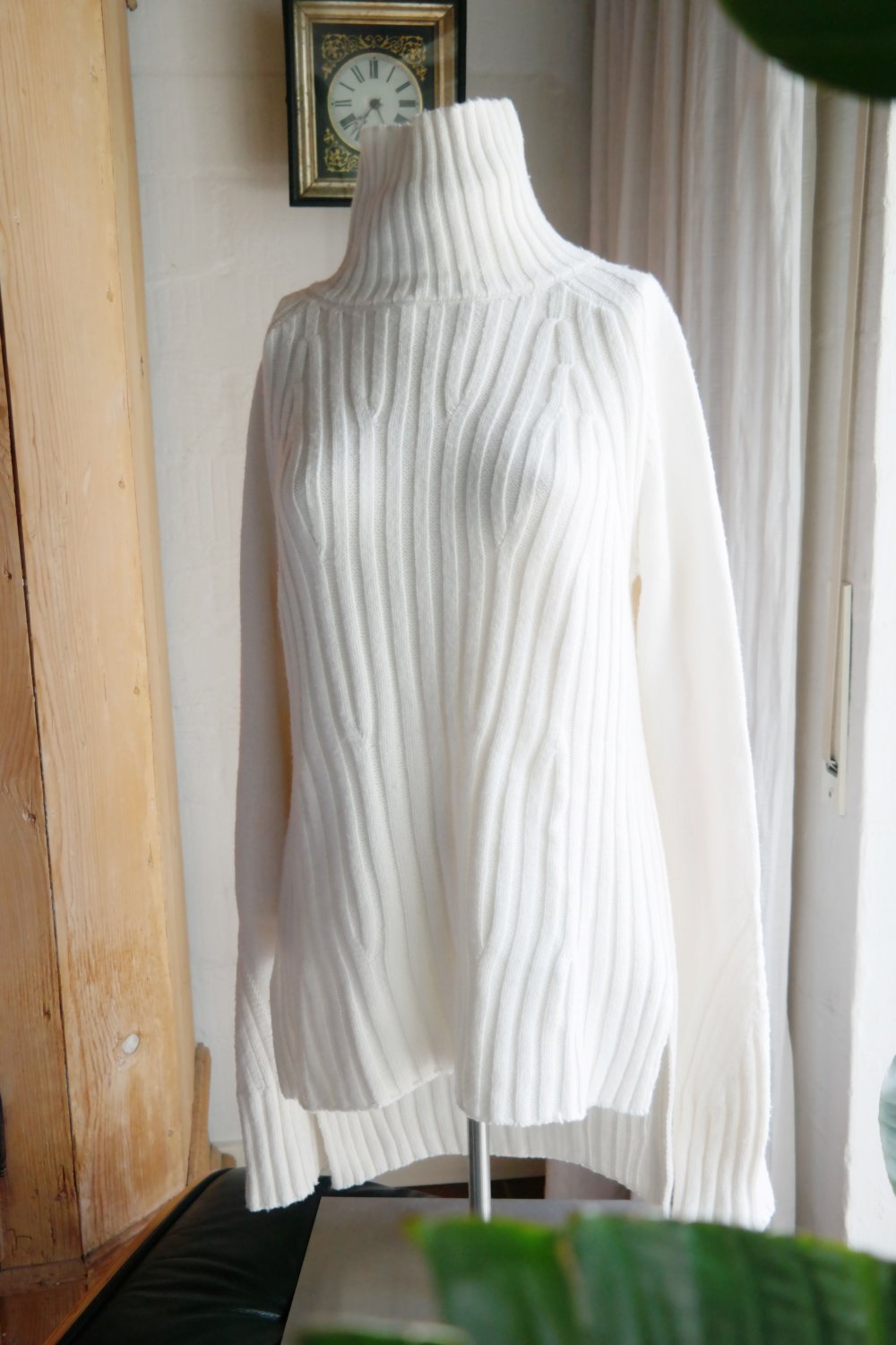 Longpullover weiß Strickpullover Muster Strickkleid Minikeid Rollkragen M 38 L 40