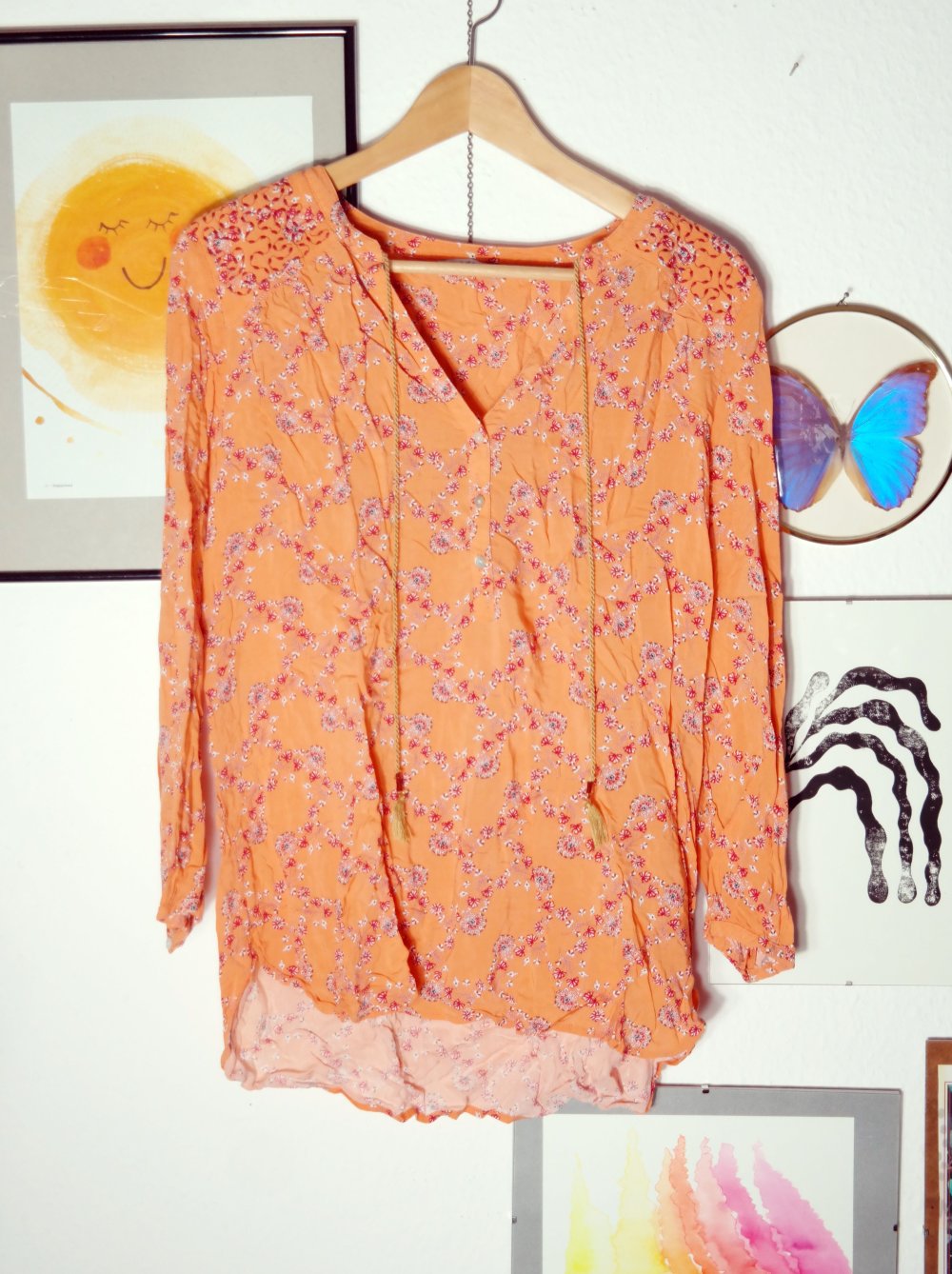 EDC Esprit Hippie Bluse Langarm bestickt Stickerei Blumen geblümt lachs Aprikose XL 42