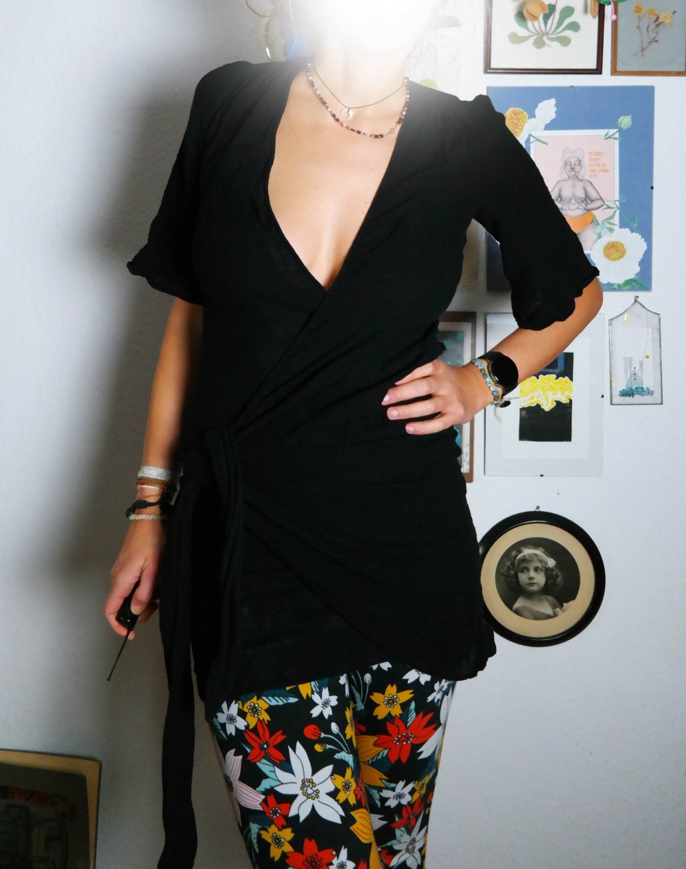 Mikuta Wickelkleid schwarz 100% Baumwolle V-Ausschnitt Flügelärmel XS S 34 36