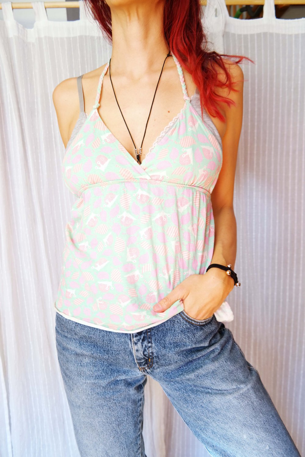 Paul Frank Top Trägertop Camisole Kordel Schnecke Sommer Neckholder Blätter bunt mint türkis S M 38 40