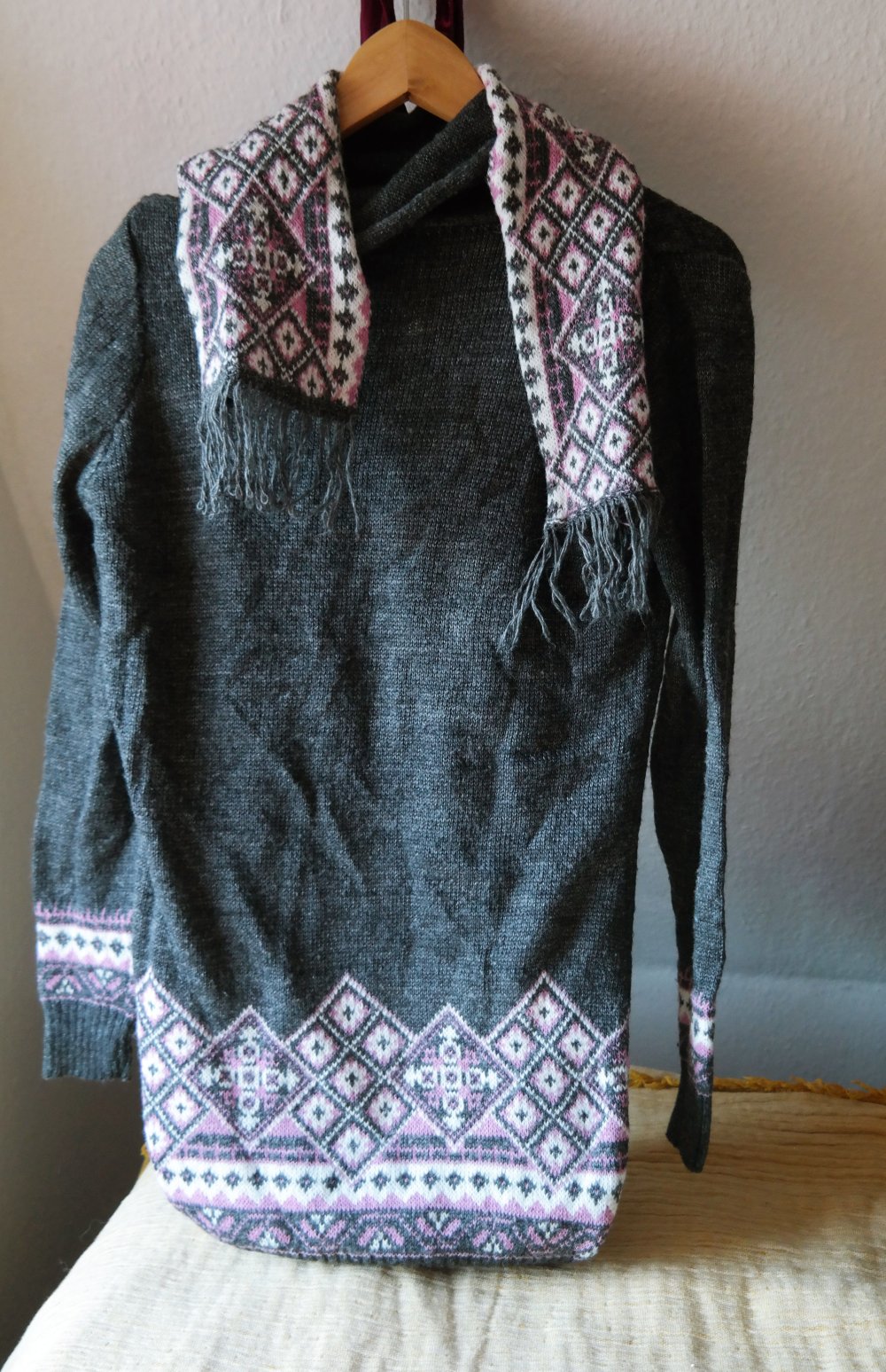 Pullover Strickpullover Wolle Kragen Schal Schalkragen Wollpullover Unikat M 38 grau bunt