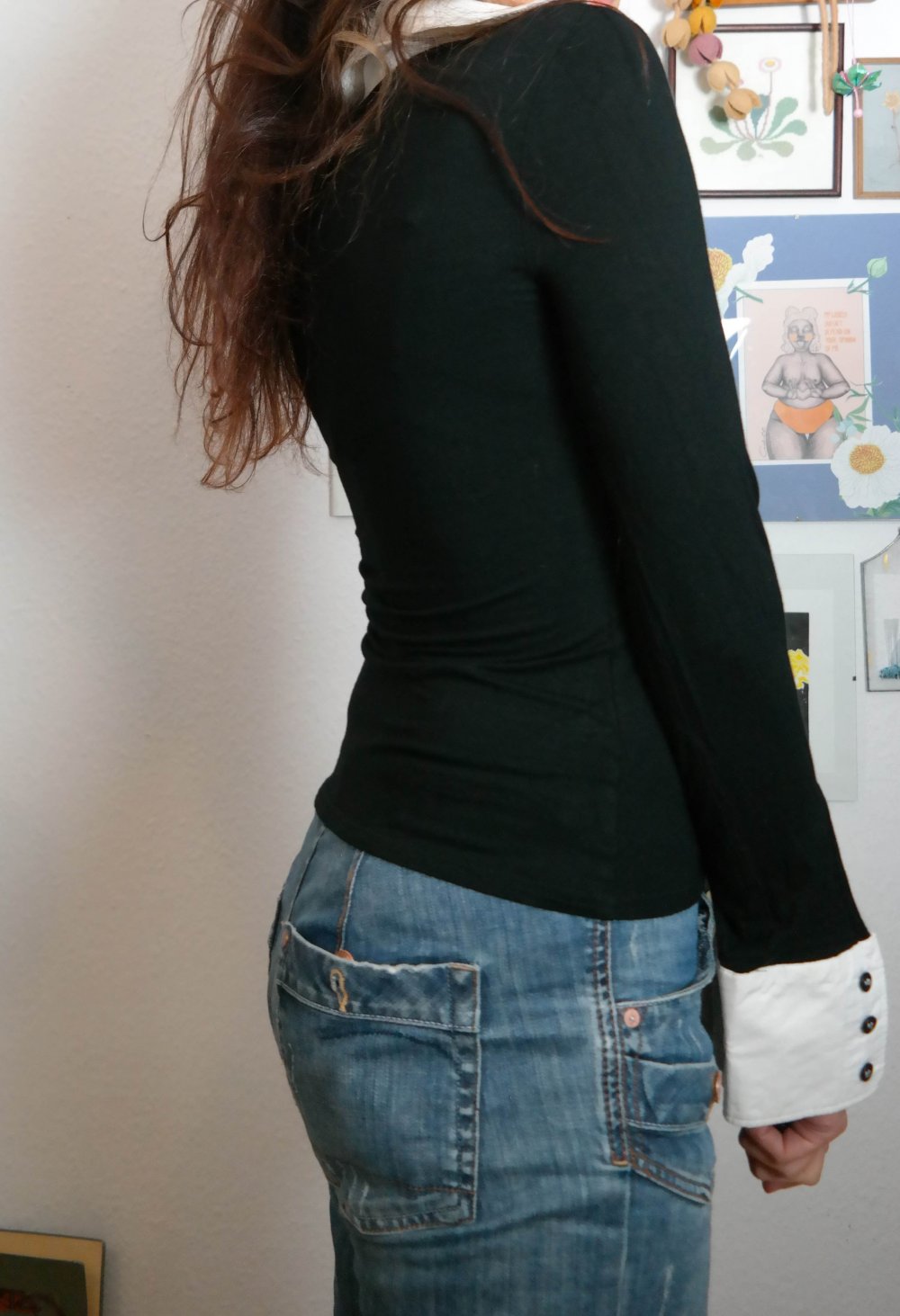 Blusenshirt Bluse Langarm Pullover chic preppy schwarz weiß V-Ausschnitt 38 M