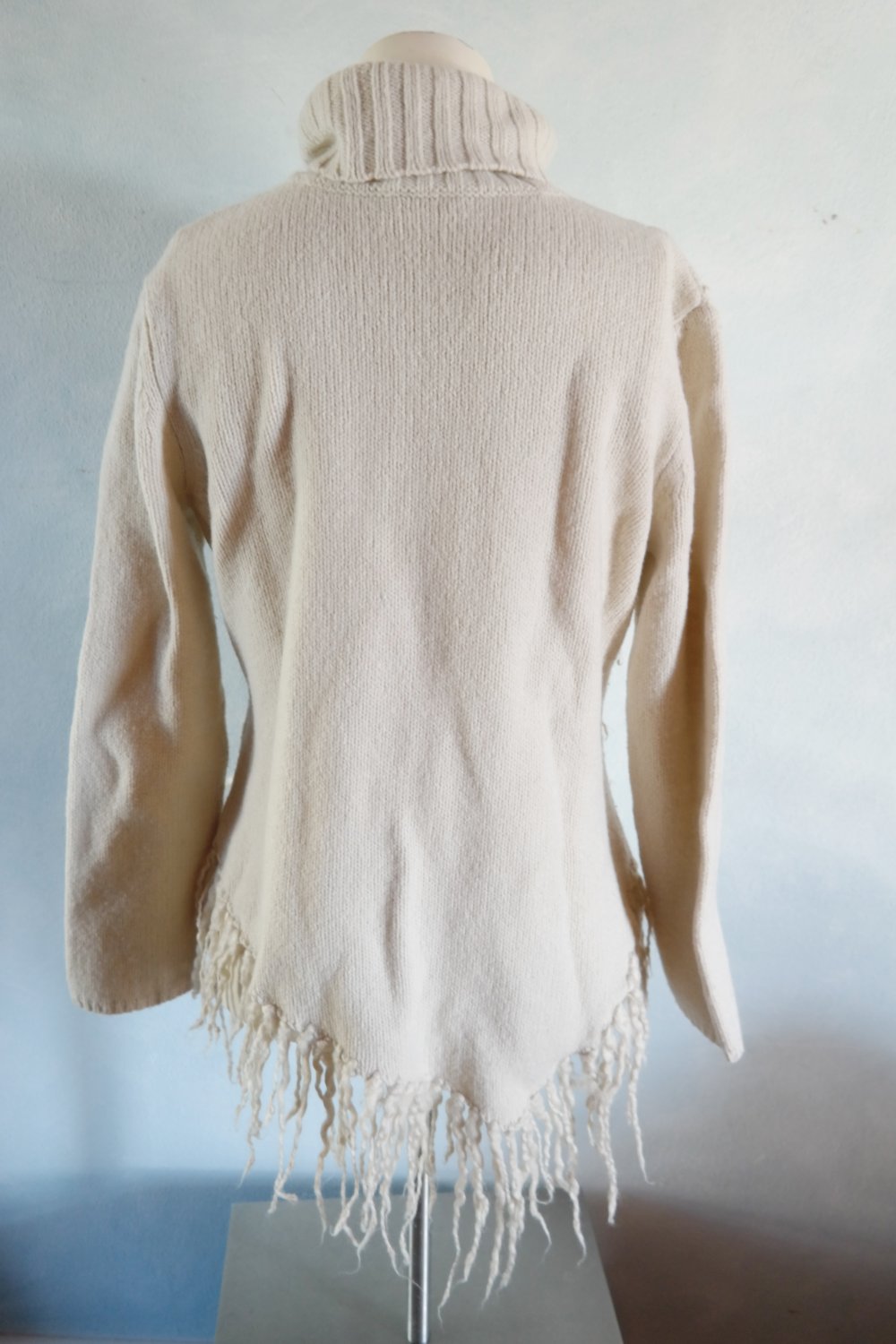 Laurel Wollpullover Fransen Hippie Rollkragenpullover weiß Schurwolle 40 L