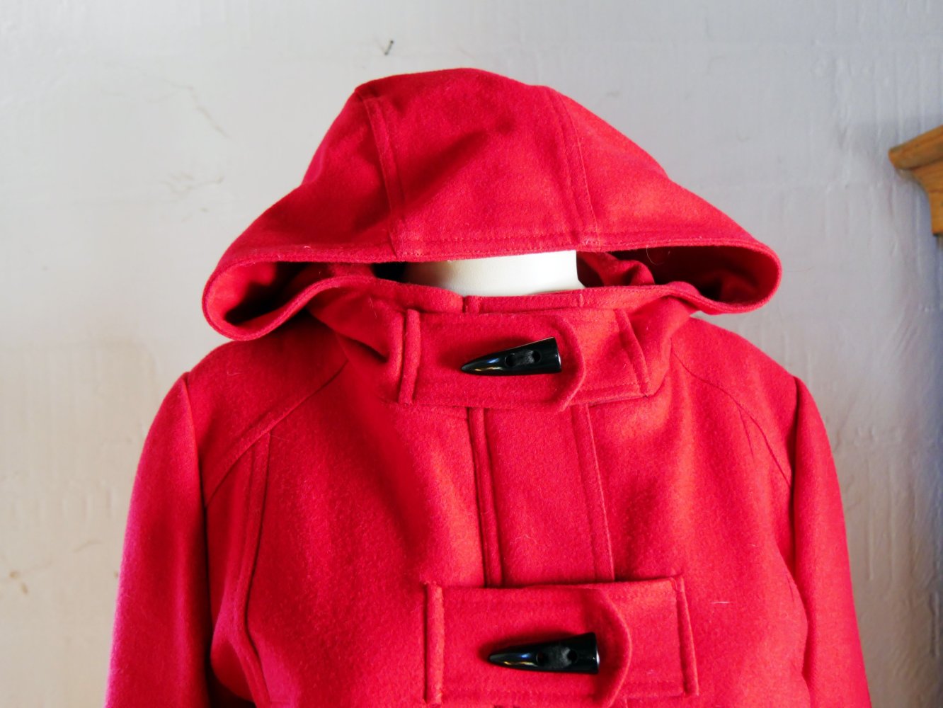 Review Wollmantel Dufflecoat Mantel Kapuze rot Wolle S 36 M 38