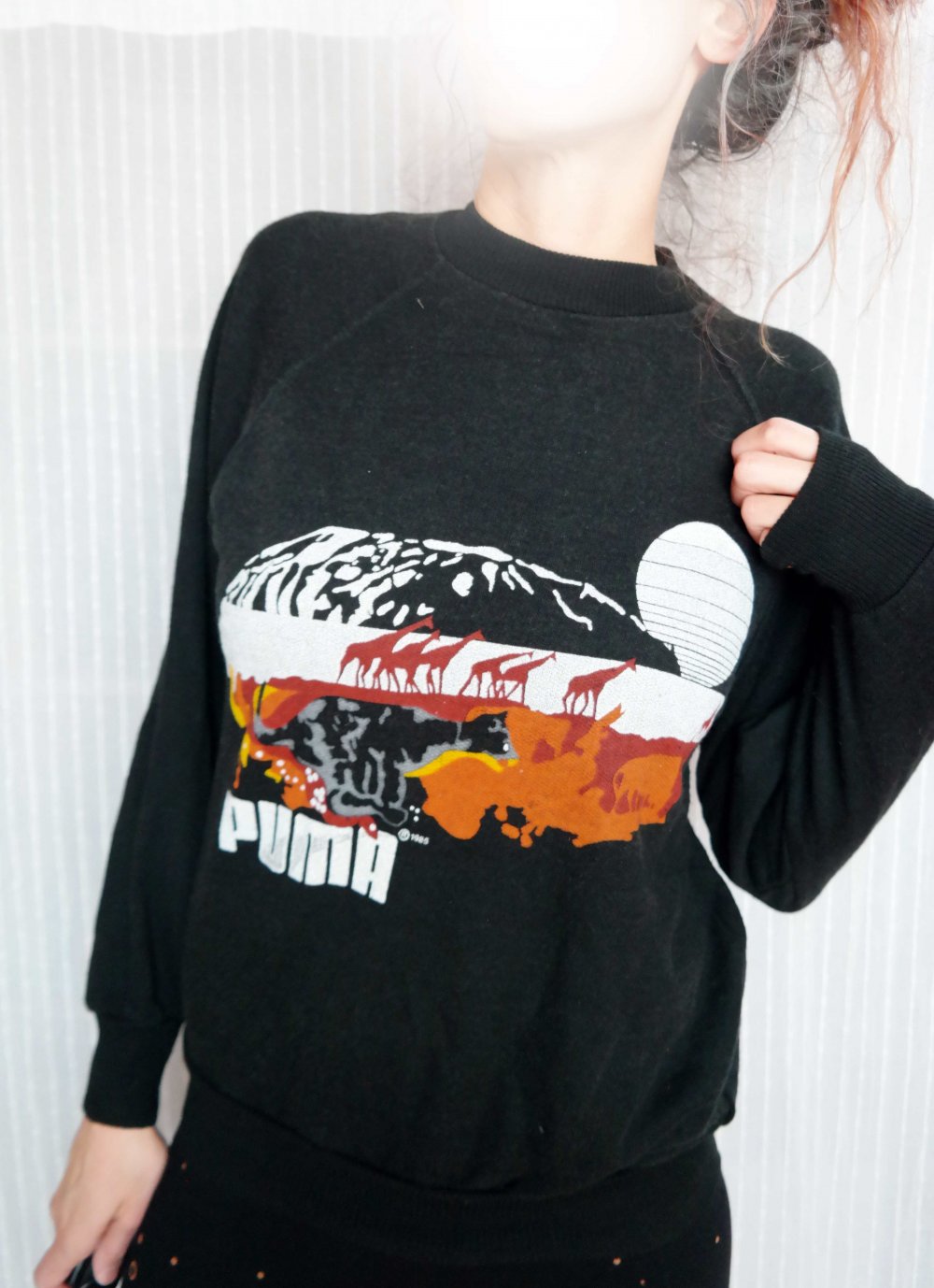 Original Vintage Puma 80er Pullover Sweatshirt Eighties schwarz Afrika Tiere M 38