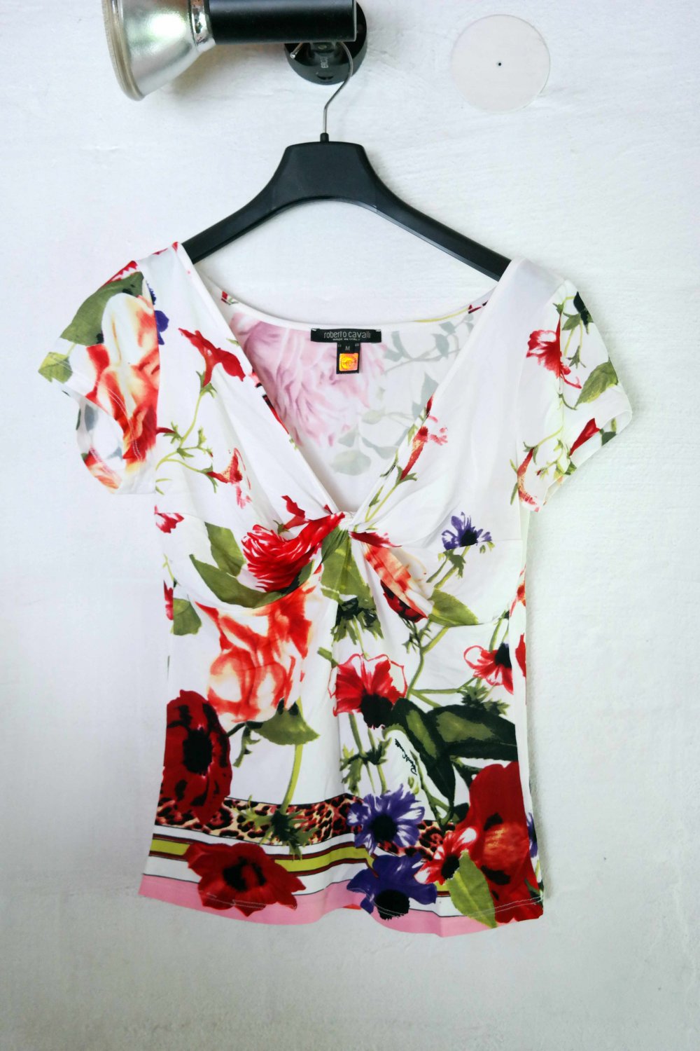 Roberto Cavalli Bluse Shirt weiß bunt Blumen geblümt Raffung M 38
