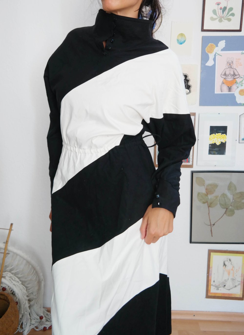 Vintage Kleid Maxikleid schwarz weiß M L 38 40 Kragen 80er Unikat