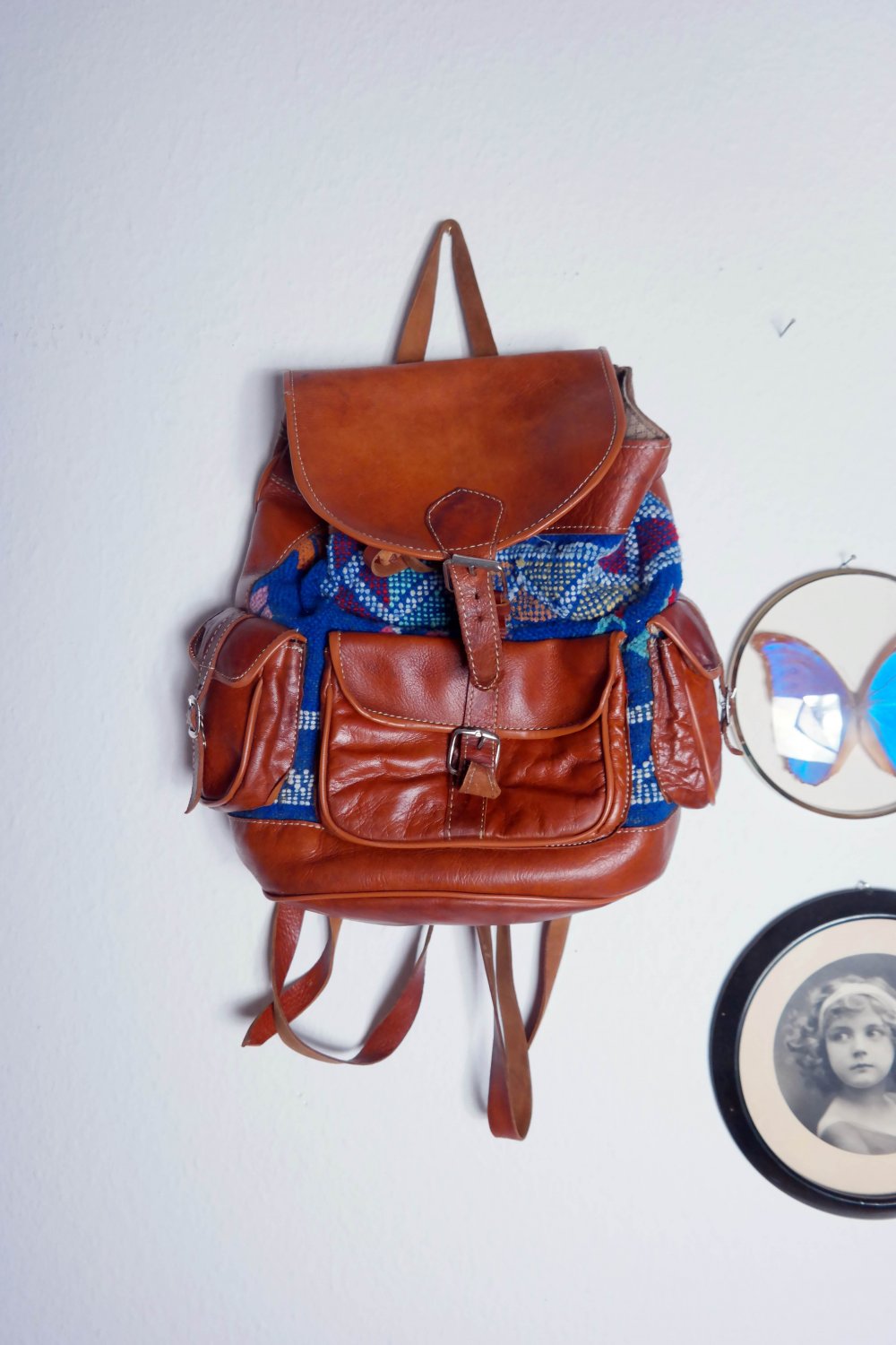 Vintage 80s 90s Bohemian Hippie Lederrucksack Echtleder Kelim Folklore Boho Ethno 