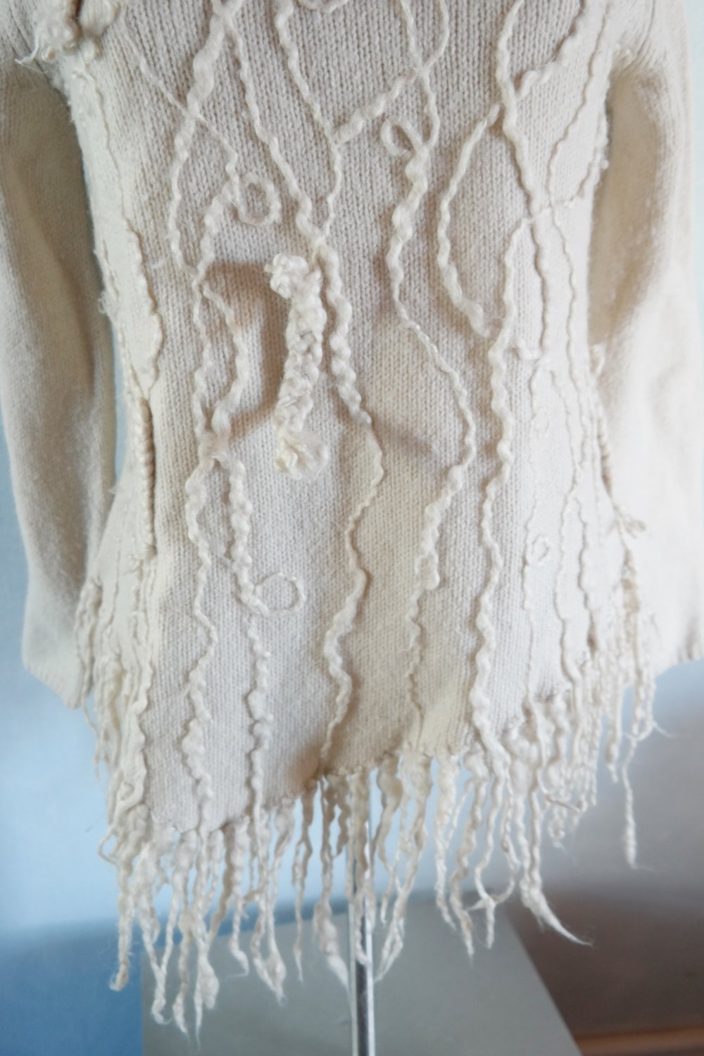 Laurel Wollpullover Fransen Hippie Rollkragenpullover weiß Schurwolle 40 L
