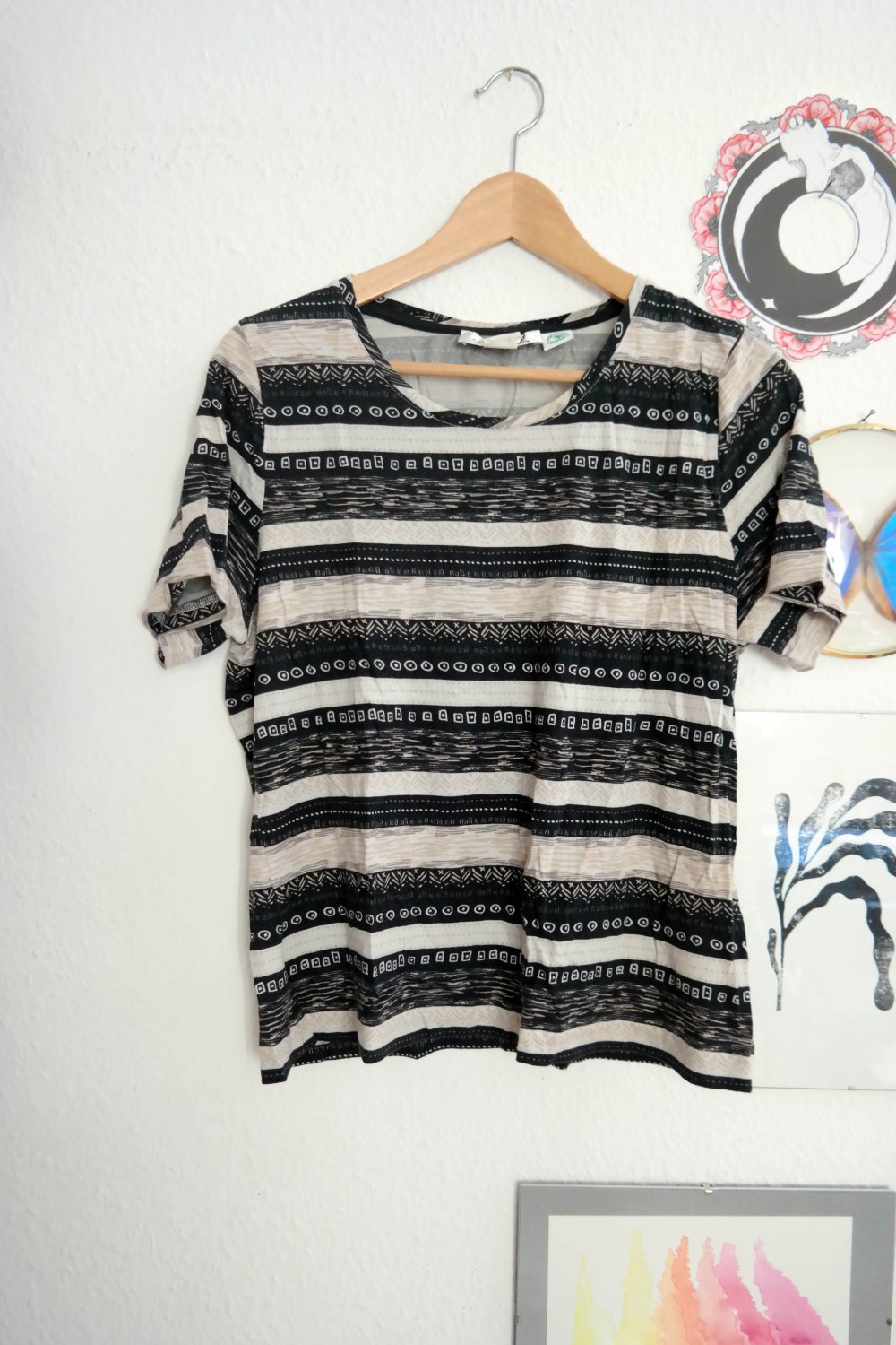 Ethno Muster Shirt Biobaumwolle schwarz weiß creme 40 L Hippie Folklore
