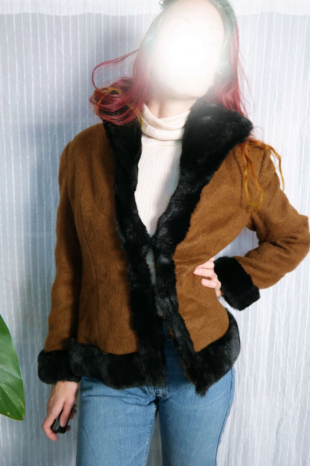 Einzelstück handmade Twinset Wolle Wolljacke Wollblazer Wollrock Blazer Rock edel elegant dunkelbraun schwarz Teddypelz Pelzkragen M 38