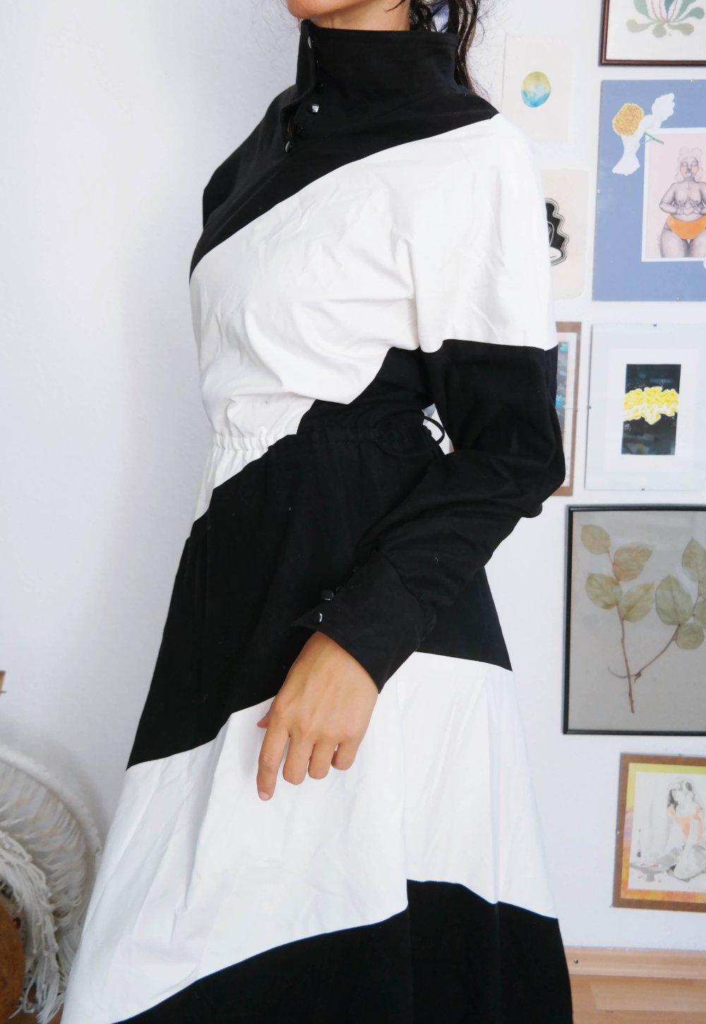 Vintage Kleid Maxikleid schwarz weiß M L 38 40 Kragen 80er Unikat