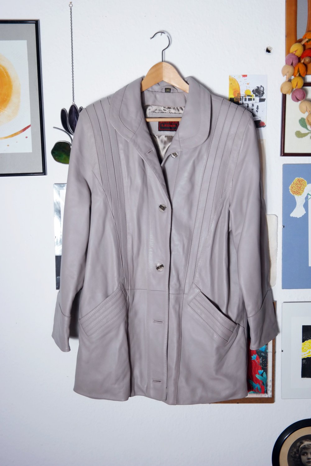 Vintage Lederjacke Ledermantel grau 80er 90er parka oversized hellgrau Kragen Echtleder Echtledermantel Echtlederjacke 40 L