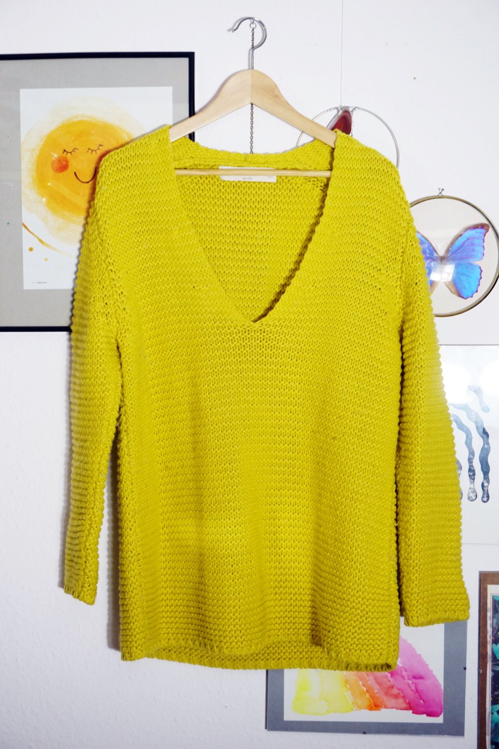 Zara Grobstrick Pullover gelb sonnengelb V-Ausschnitt oversized chunky M 38