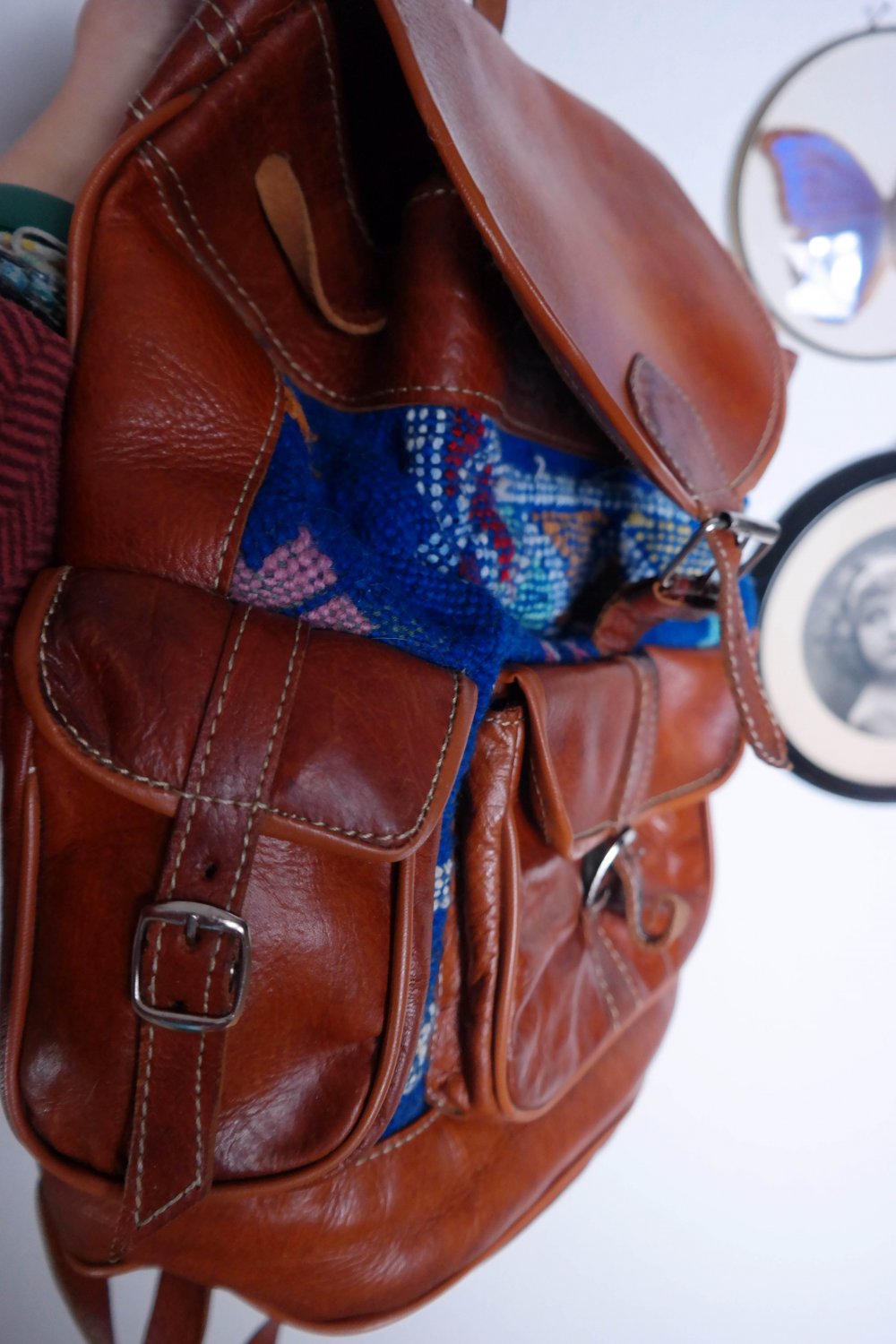 Vintage 80s 90s Bohemian Hippie Lederrucksack Echtleder Kelim Folklore Boho Ethno 