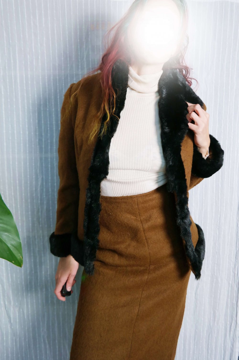 Einzelstück handmade Twinset Wolle Wolljacke Wollblazer Wollrock Blazer Rock edel elegant dunkelbraun schwarz Teddypelz Pelzkragen M 38