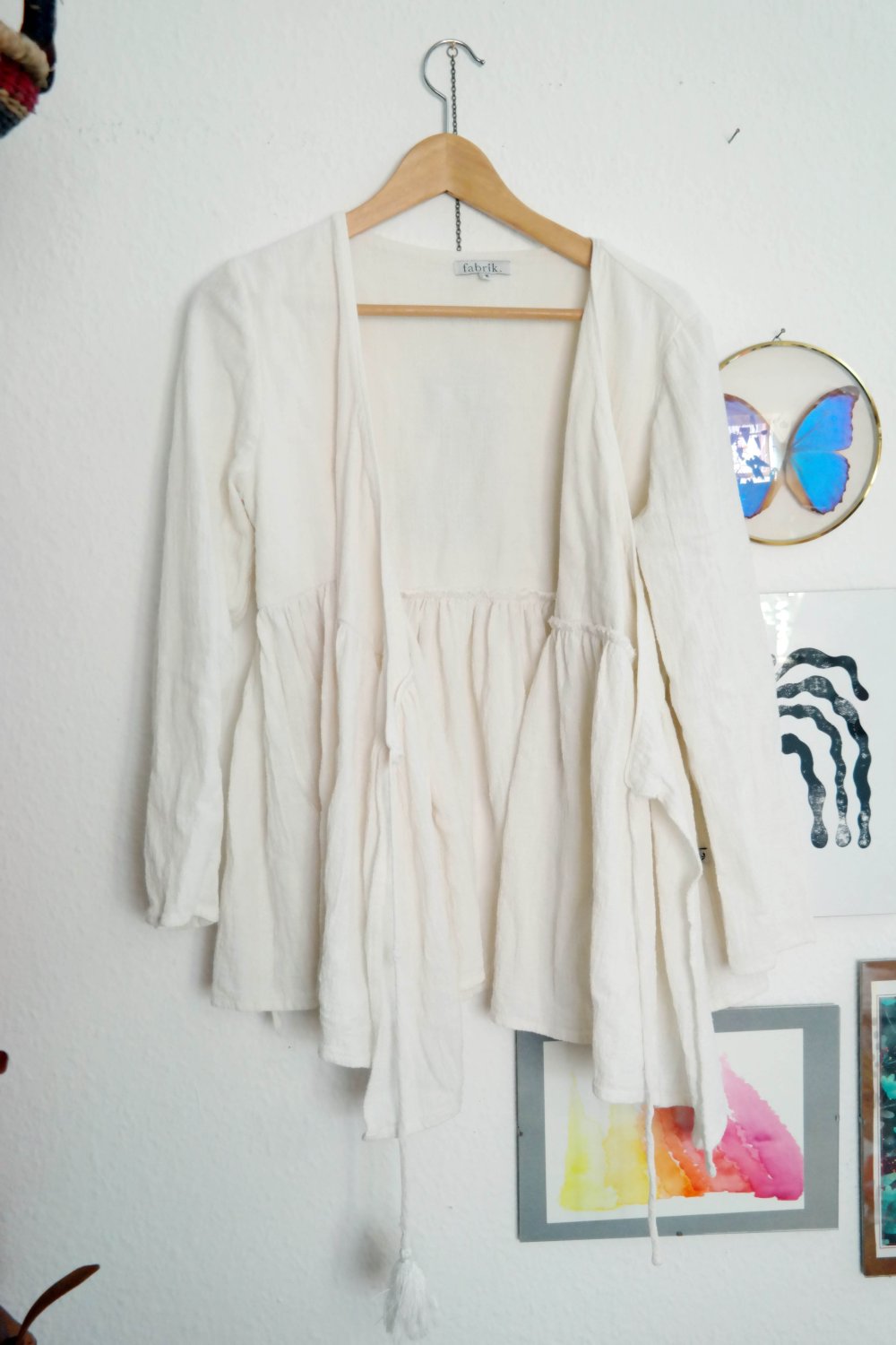 Fabrik Cardigan weiß Binden Wickeln Wickelcaridgan weit Hippie nachhaltig Baumwolle grob gewebt 2 M 38